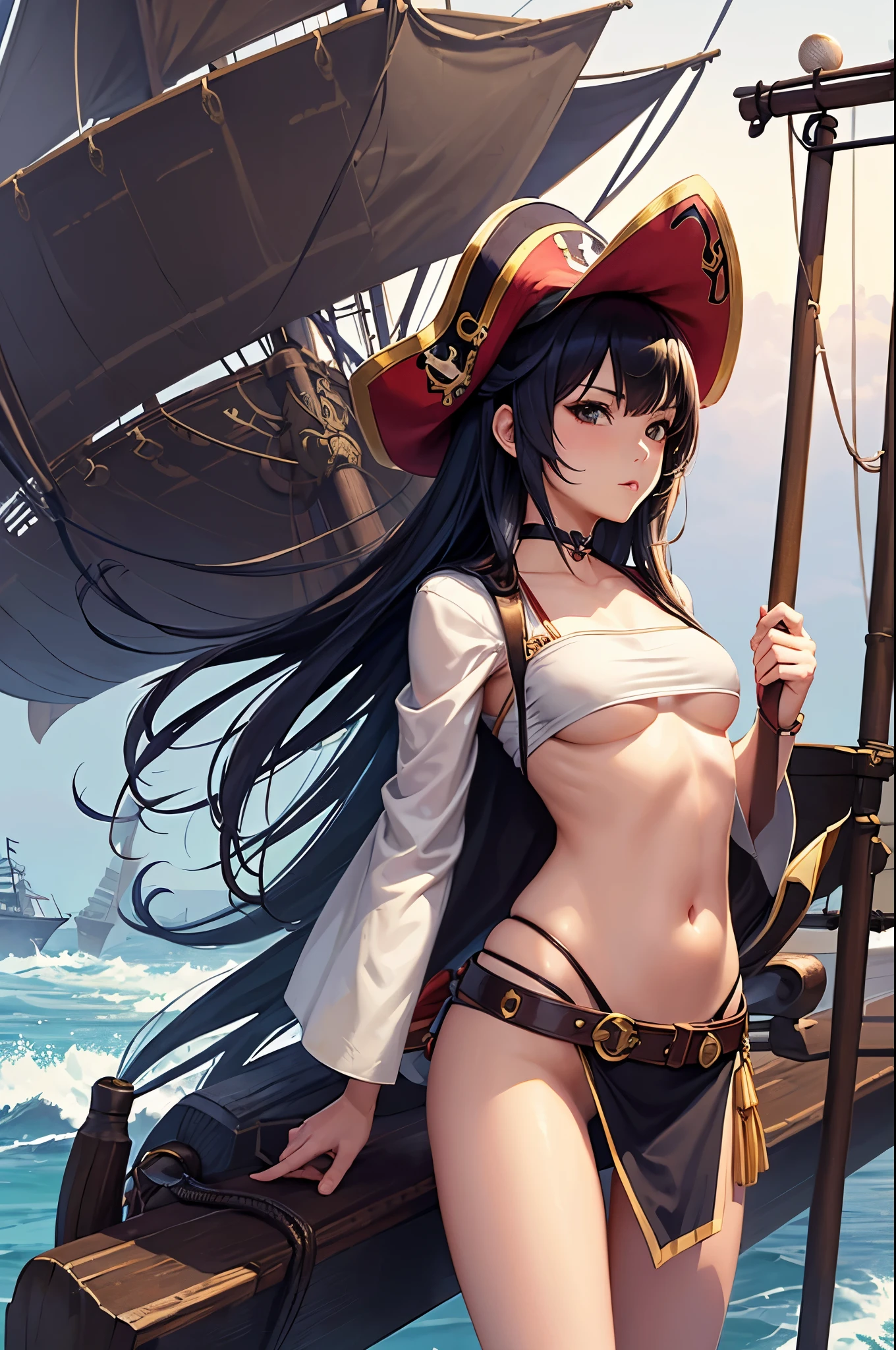 a sexy japanese woman wear pirate hat, pirate outfit, on a pirate ship, (detailed ship), fog, soft light, (best quality), (masterpiece), slim, long legs, (flat chested), anime, (view from down)