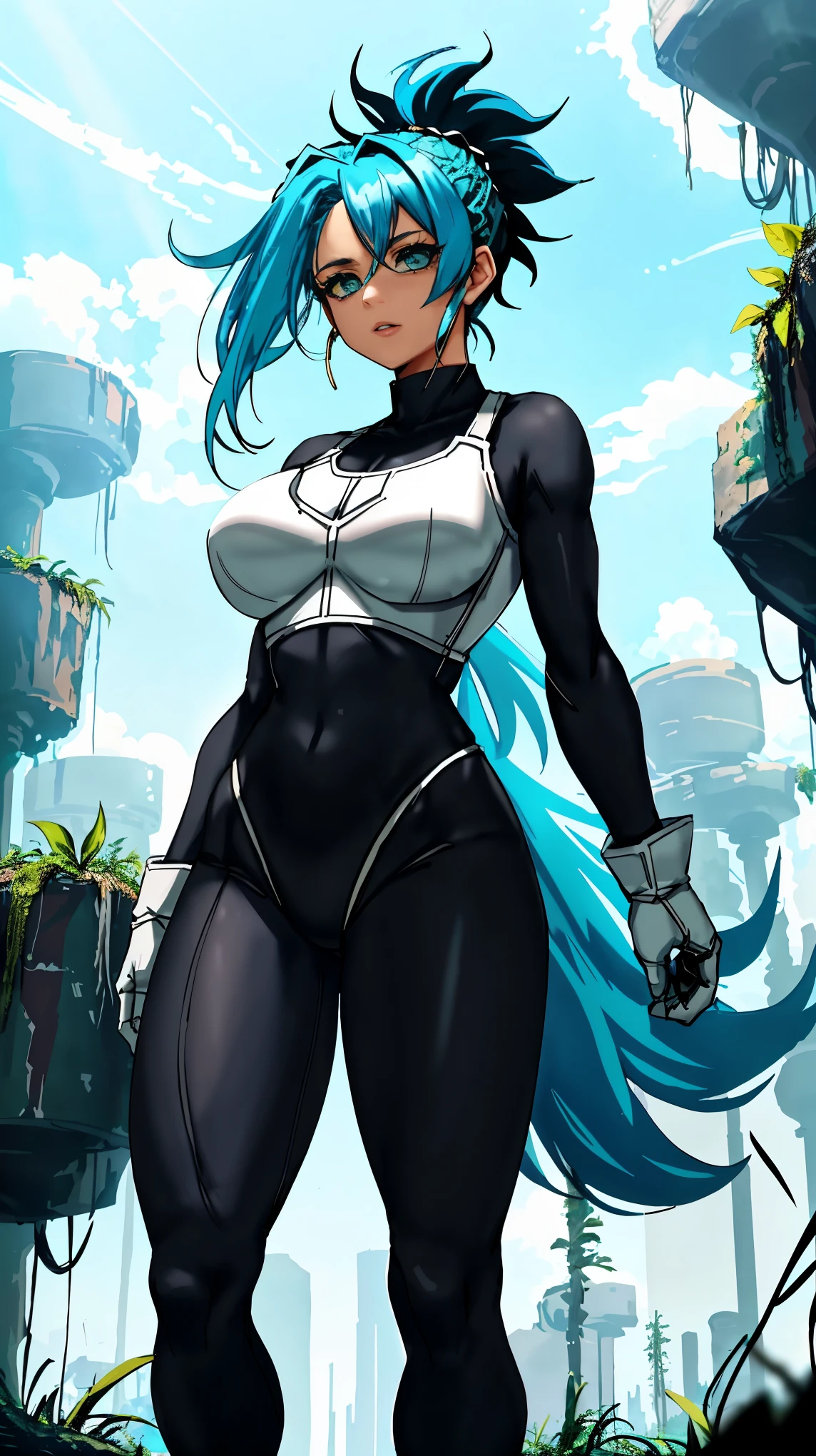 (topless,black leggings,light blue hair) (BTPT-FC) girl with (cracked body), wearing (elbow gloves), standing in a post-apocalyptic background with vegetation and a light green tint. The (BTPT-FC) girl is portrayed as a strong and beautiful character, despite the cracks on her body. Her hair is a vibrant light blue, which stands out against the desolate backdrop. She is wearing black leggings and elbow gloves, emphasizing her toughness and resilience. The post-apocalyptic background is filled with overgrown vegetation, symbolizing nature's ability to reclaim its space. The overall color palette is dominated by a light green tint, adding a sense of eeriness to the scene.