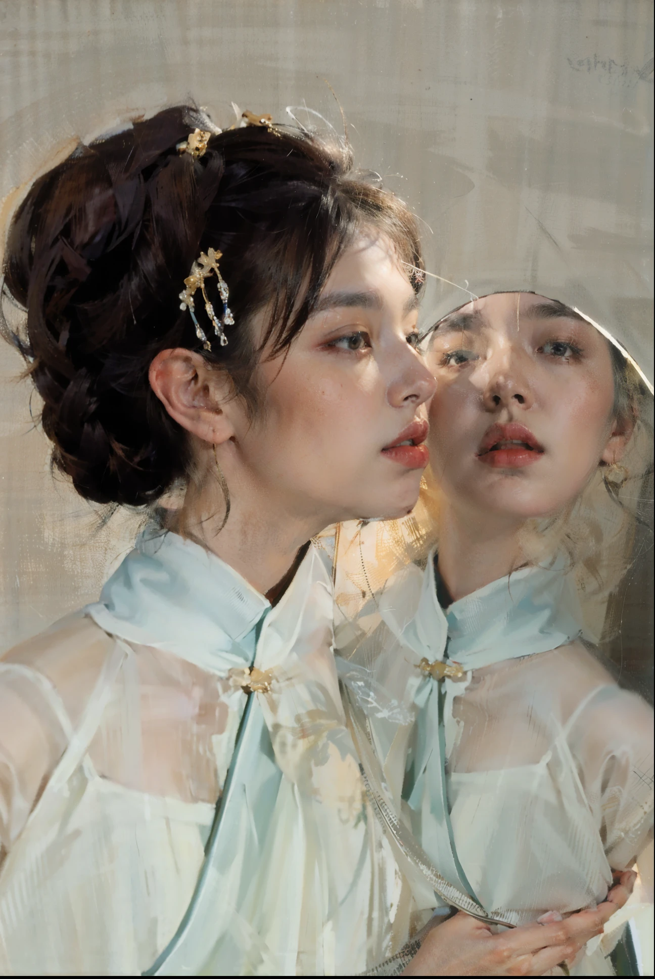 best quality,masterpiece,(painting:1.5),A Chinese woman looking in the mirror,ancient mirror,round mirror,Copper mirror,ancient chinese clothing,black hair,Coiled hair,The hair is coiled at the back of the head,Exquisite facial features,Ming Dynasty hairstyle is tied behind the head,Looking in the mirror,ancient mirror,White translucent costume,Hanfu,Costume robes,Translucent white long dress,White costume,(Amy Sole:0.248),(Stanley Ategg Liu:0.106),(a detailed painting:0.353),(文艺复兴古典painting风格:0.8)