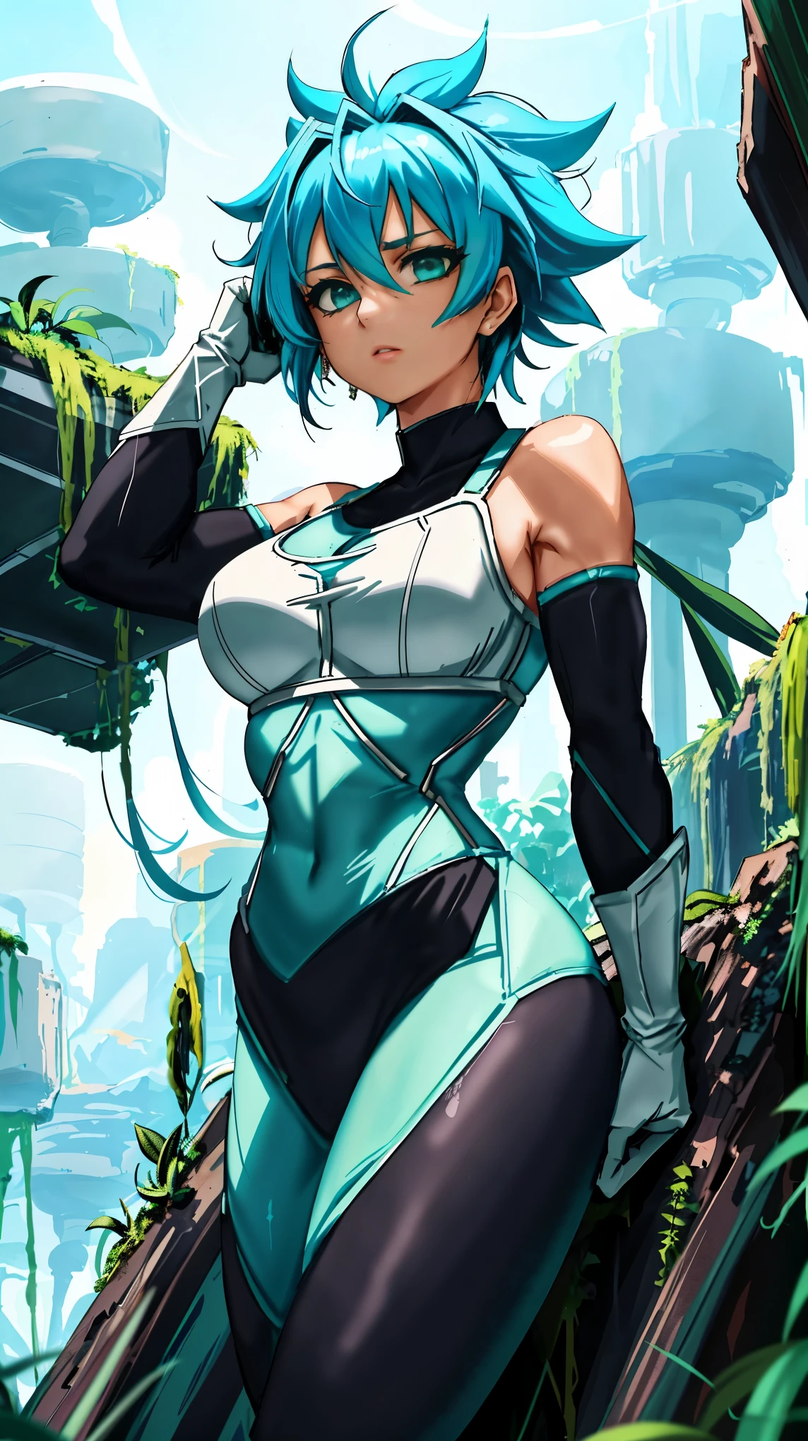 (topless,black leggings,light blue hair) (BTPT-FC) girl with (cracked body), wearing (elbow gloves), standing in a post-apocalyptic background with vegetation and a light green tint. The (BTPT-FC) girl is portrayed as a strong and beautiful character, despite the cracks on her body. Her hair is a vibrant light blue, which stands out against the desolate backdrop. She is wearing black leggings and elbow gloves, emphasizing her toughness and resilience. The post-apocalyptic background is filled with overgrown vegetation, symbolizing nature's ability to reclaim its space. The overall color palette is dominated by a light green tint, adding a sense of eeriness to the scene.