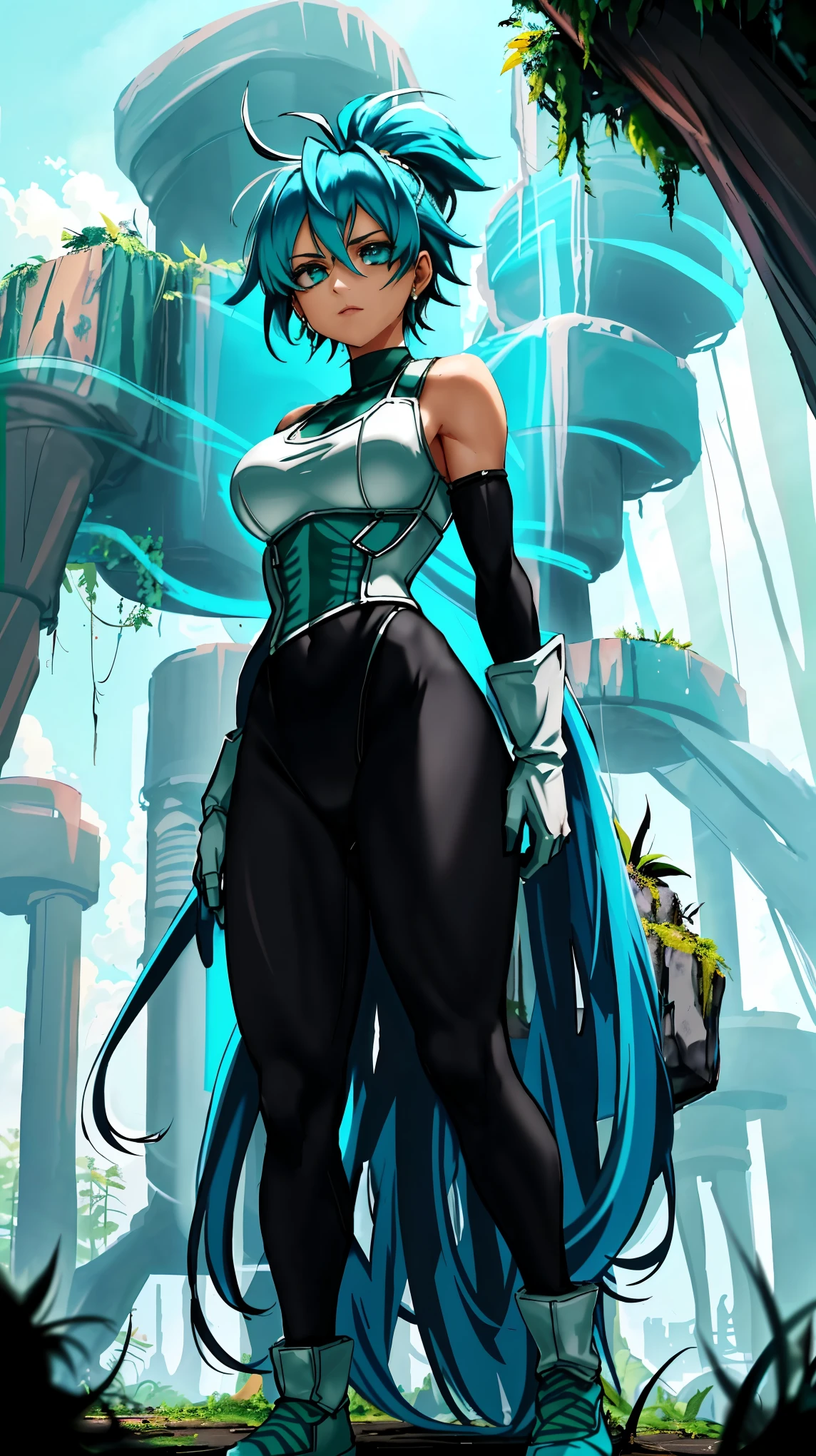 (topless,black leggings,light blue hair) (BTPT-FC) girl with (cracked body), wearing (elbow gloves), standing in a post-apocalyptic background with vegetation and a light green tint. The (BTPT-FC) girl is portrayed as a strong and beautiful character, despite the cracks on her body. Her hair is a vibrant light blue, which stands out against the desolate backdrop. She is wearing black leggings and elbow gloves, emphasizing her toughness and resilience. The post-apocalyptic background is filled with overgrown vegetation, symbolizing nature's ability to reclaim its space. The overall color palette is dominated by a light green tint, adding a sense of eeriness to the scene.