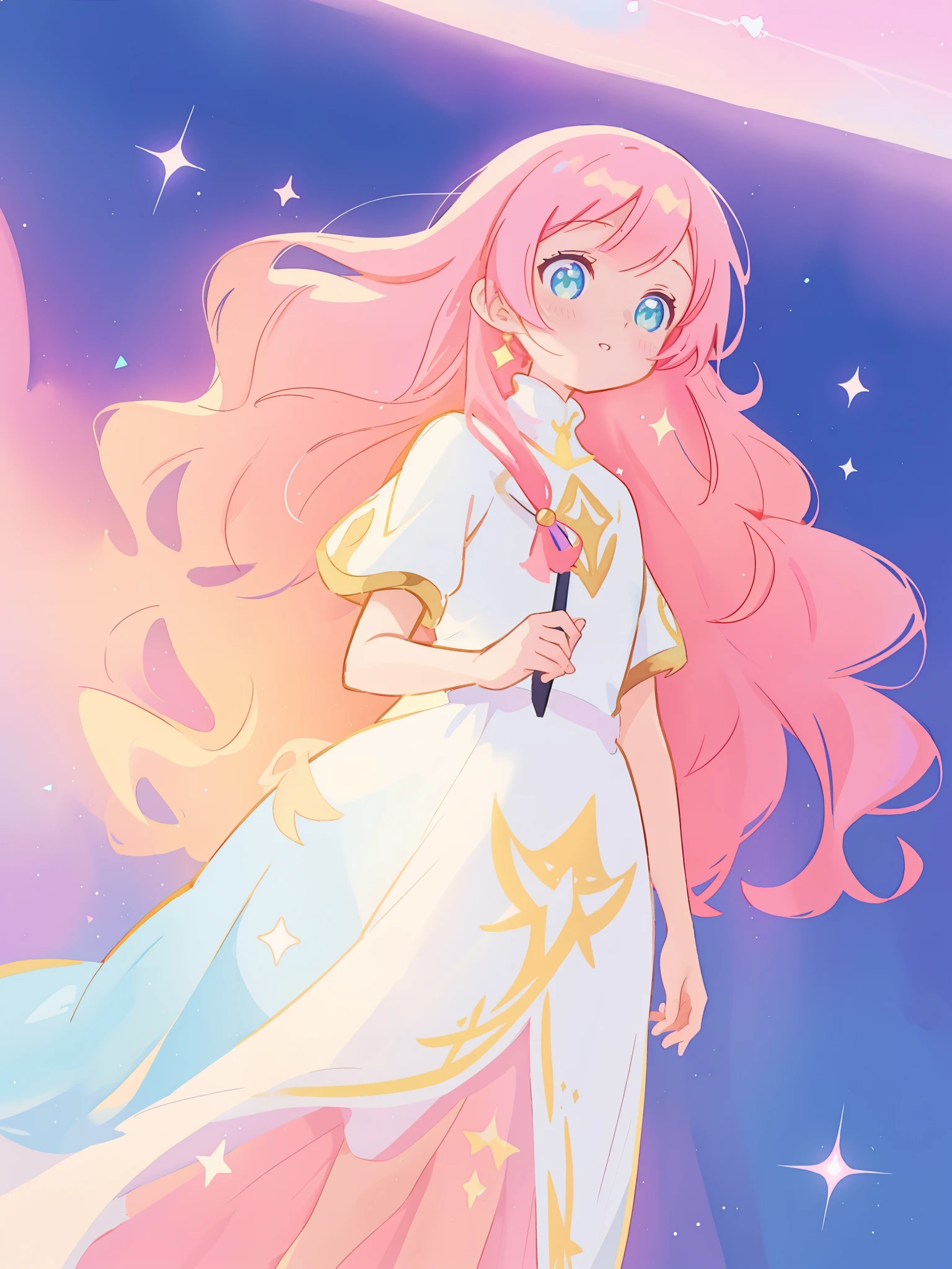 beautiful white arabian two-piece dress, arabian princess, long colorful sparkling pink hair, watercolor illustration, Lois van Baarle, glowing aura around her, Glen Keane, jen bartel, glowing hair, beautiful digital illustration, fantasia background, beautiful, masterpiece, best quality, anime disney style, golden ratio, perfect composition