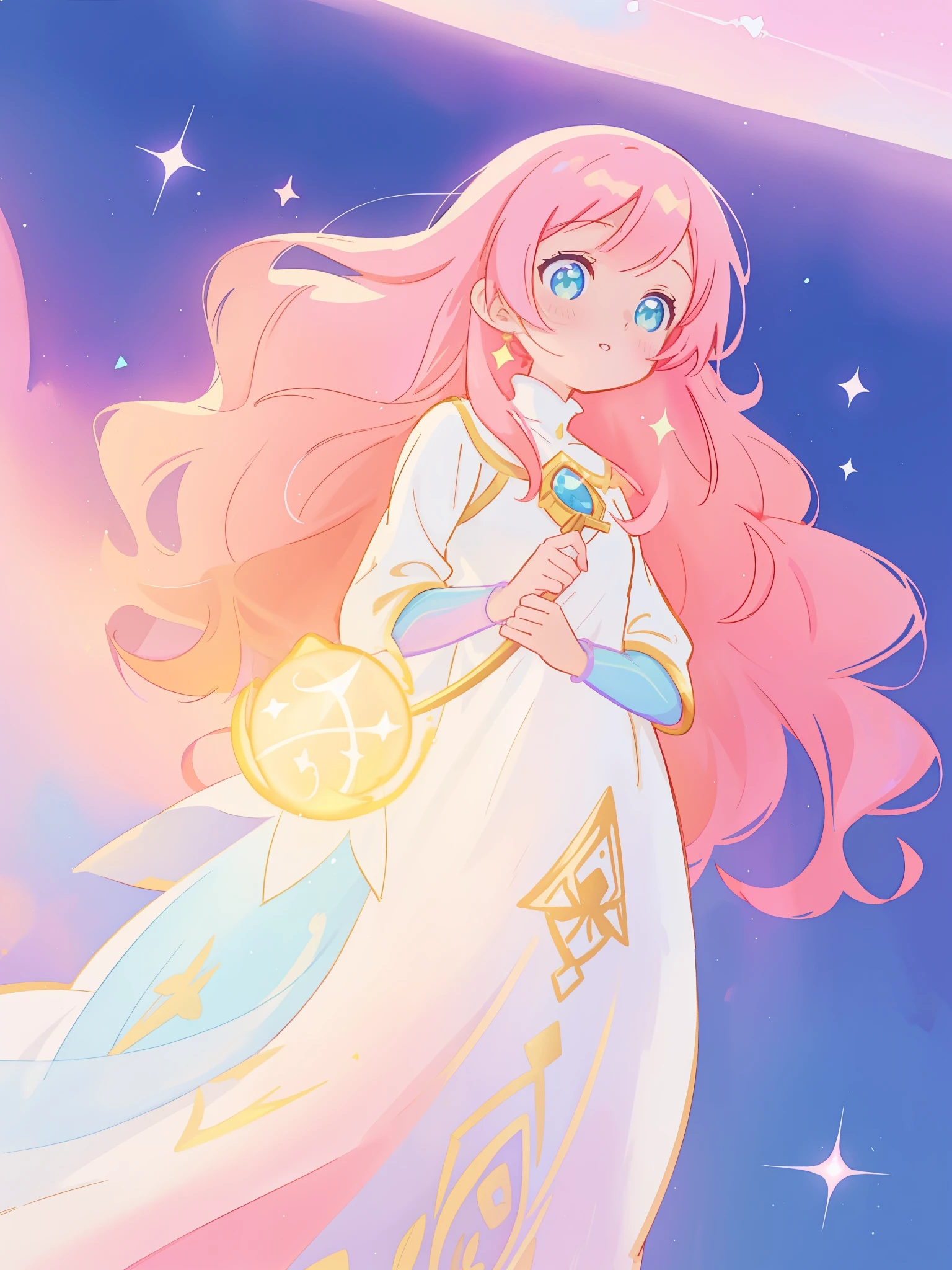 beautiful white arabian two-piece dress, arabian princess, long colorful sparkling pink hair, watercolor illustration, Lois van Baarle, glowing aura around her, Glen Keane, jen bartel, glowing hair, beautiful digital illustration, fantasia background, beautiful, masterpiece, best quality, anime disney style, golden ratio, perfect composition