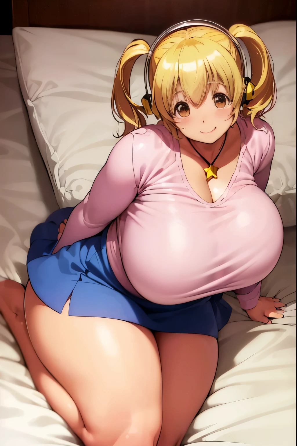 (best quality, high resolution, anime cels style:1.2), super pochaco, curvy, 1girl, beautiful face, (huge breasts:1.4), blush, smile, closed mouth, (laying on bed:1.1), (legs spread:1.1), (naked:1.1)