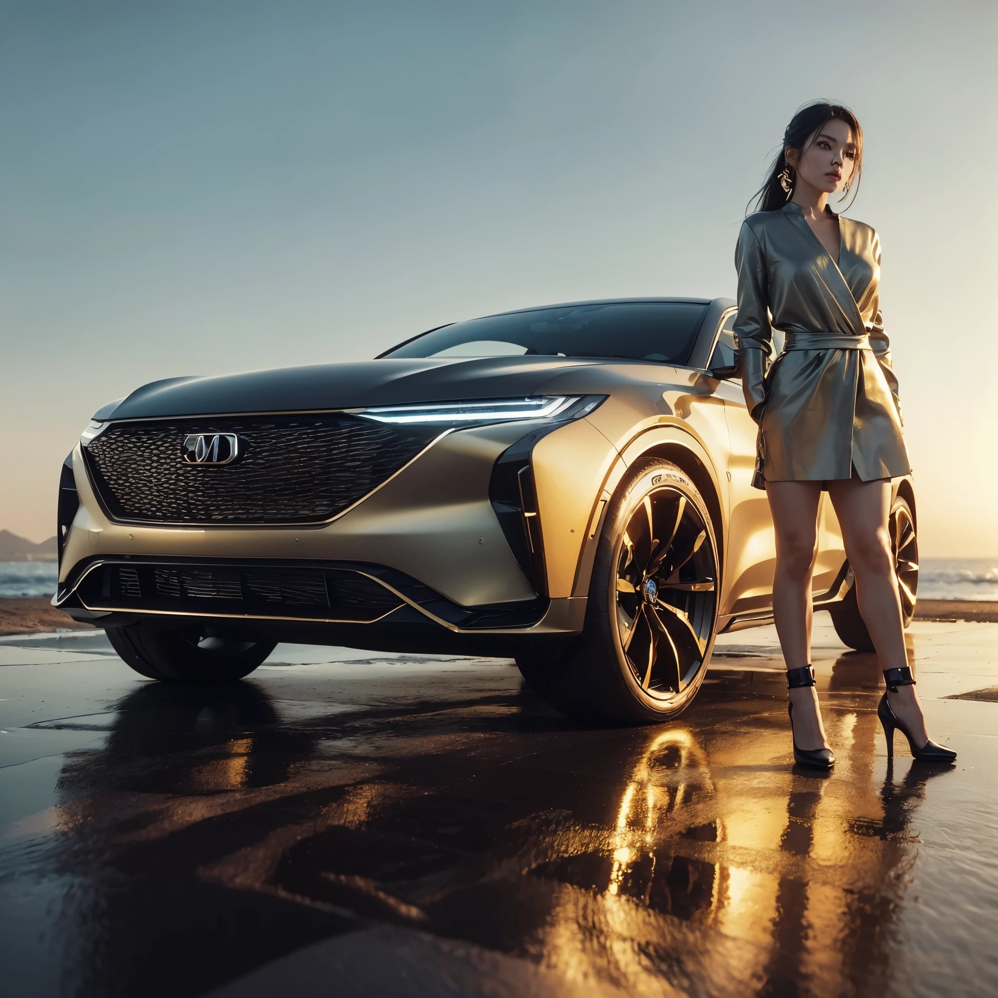 (Ultra-detailed eyes), ((very sharp photo result & detailed face)) (((textile shading))), (((Best Quality))), (((masterpiece))), (((Ultra-detailed CG))) ((striking a pose)) realistic automotive photography, tight shoot backlight a fashionable asian girl stylishly posing with sleek new futuristic design SUV car, clean horizon, sea salt golden sky reflective natural blue sky dramatic landscape, ((attractive side angle)) fresh design, ((NO Brand)) stylish simple front grill, futuristic lamp, gold colour body colour with black on top, panoramic sun roof, (((realistic body texture))) ((3d well rendered)) wallpaper quality, take by hasselblad, medium lens, 8K