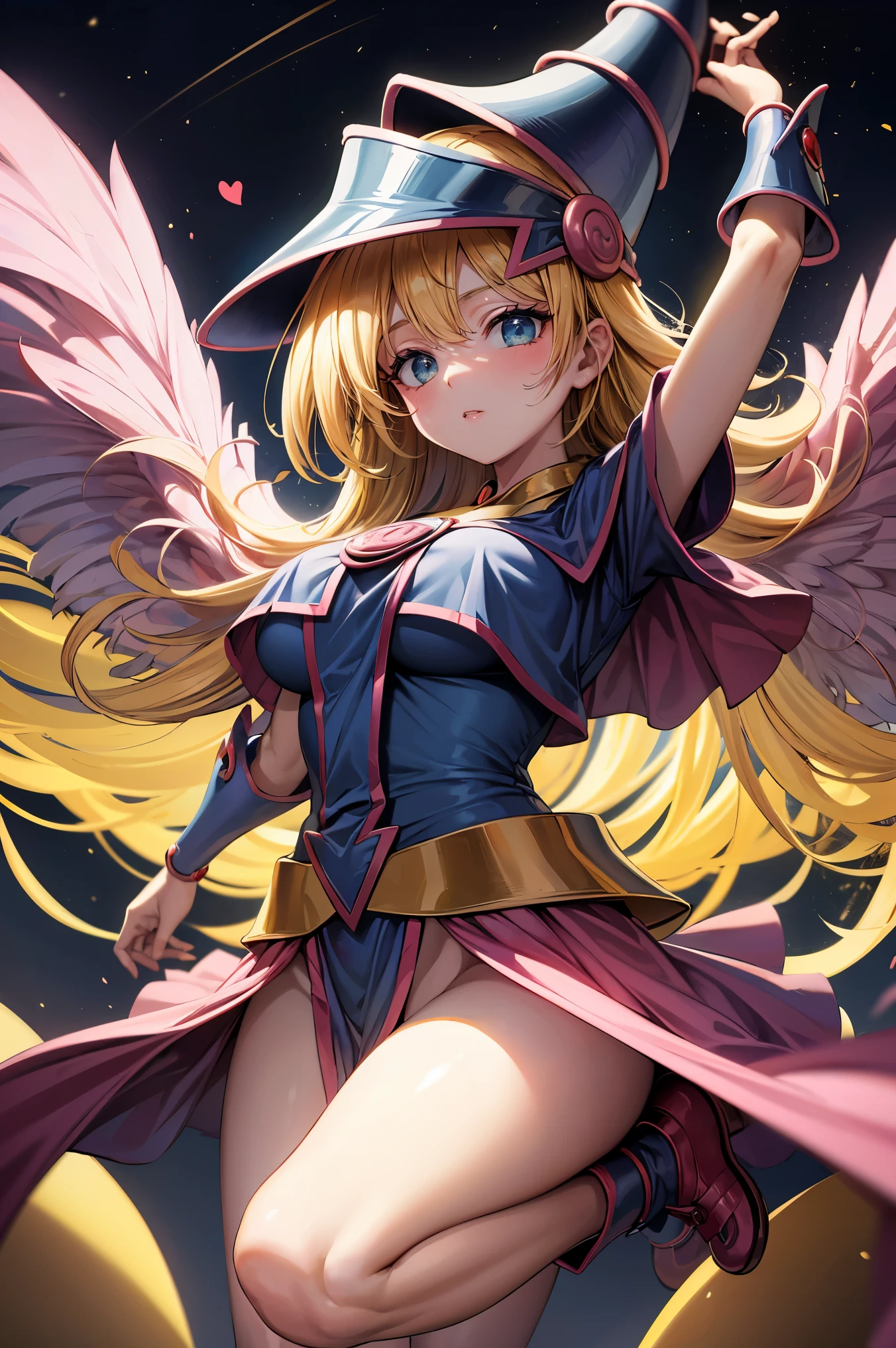 (Obra maestra:1.2), (La mejor calidad:1.2), perfect lighting, Chica Maga Oscura lanzando un hechizo, flotando en el aire, tetas grandes, escote, fondo de magia. Corazones transparente en el hambiente, bata azul, sombrero grande, desde arriba, Destellos, Yugioh Card en el fondo