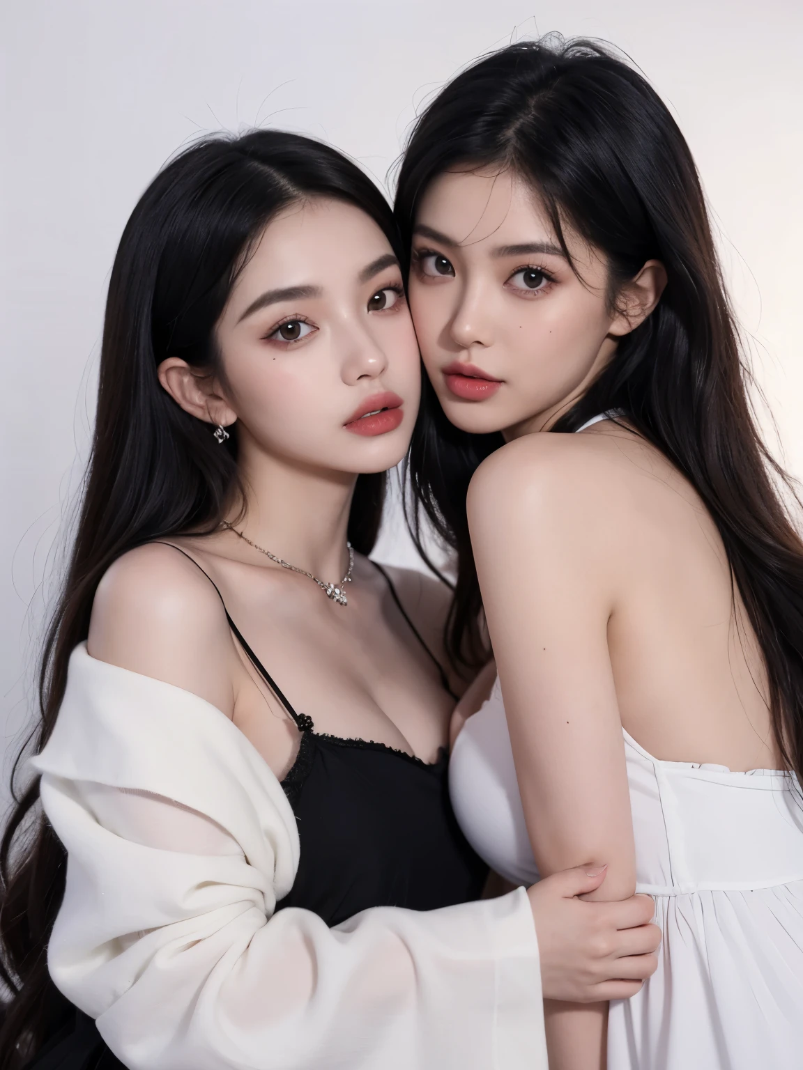 Kim Jennie con el cabello negro oscuro, con rulos en las puntas del cabello negro oscuro, con un ganchito de estrella en el cabello negro oscuro, ojos de color claro, ojos bonitos, nariz bonita y respingada, labios bonitos, labios rosas, heart and cupid shaped lip, piel bonita, pale, white skin, con lunares y pecas en todo el rostro, rubor rosa suave en las mejilla, rubor rosa natural, dark and gothic makeup, Jennie gotica, cuellos bonito, cuello marcado, frown, mirada enojada, con un collar de beso, un collar bonito de beso, mientras muestra sus pechos desnudos, mientras tiene los pezones con dos corazones de papel rosa, tiene los pezonnes con corazones de papel rosa (pechos grandes, pechos suaves, pechos bonitos, pechos naturaleirando a la camara, autofoto 