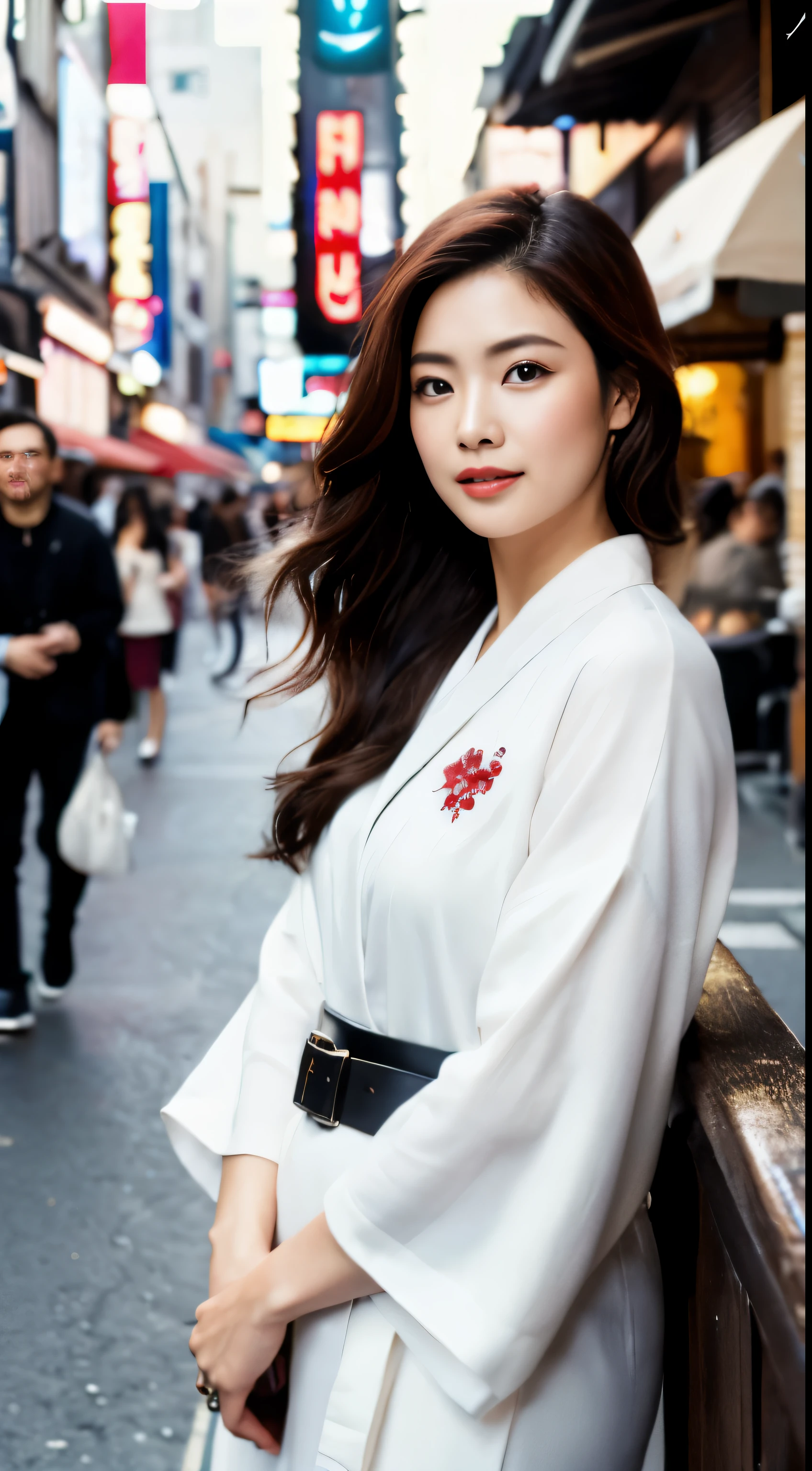 (masterpiece: 1.5), ((highest image quality: 1.25), (high resolution: 1.3), (high definition CGUnity 8k Wallpapers: 1.1), solo, A beautiful woman in a white kimono adorned with a stunning floral pattern is the central focus. She wears a red belt that accentuates her slender waist. The scene is set outdoors, with the vibrant and bustling area of Dotonbori serving as the lively backdrop. The image is filled with intricate facial details, capturing every pore and wrinkle. Her chestnut hair cascades down her shoulders, catching