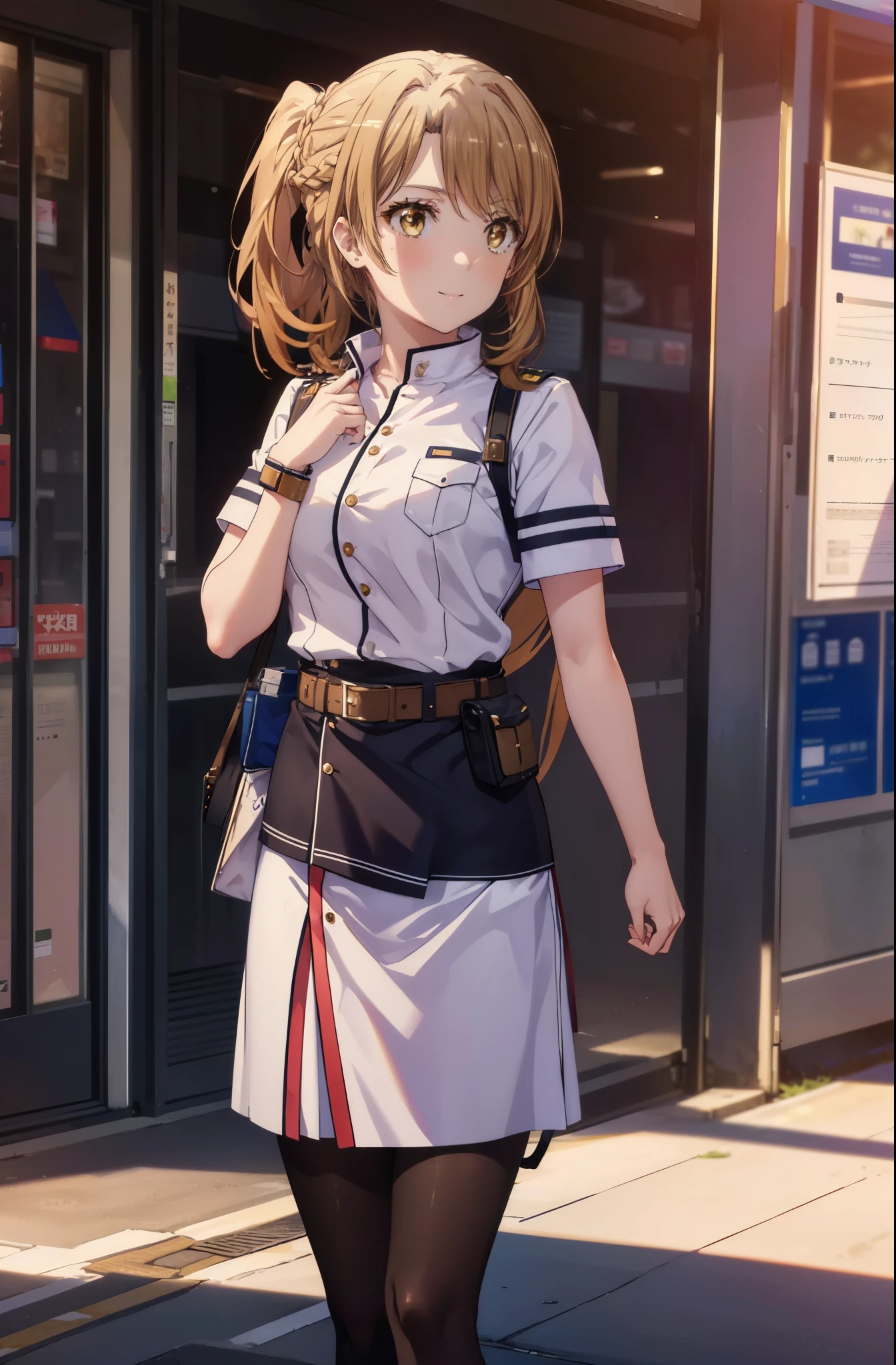 irohaisshiki, iroha isshiki, long hair,short braided hair,ponytail, brown hair, (brown eyes:1.5), smile,skirt, tie, white gloves, police uniform, belt, black pantyhose, Jacket,smile,armband, big breasts, short boots,morning,morning日,
break outdoors, 公園
break looking at viewer,
break (masterpiece:1.2), highest quality, High resolution, unity 8k wallpaper, (figure:0.8), (detailed and beautiful eyes:1.6), highly detailed face, perfect lighting, Very detailed CG, (perfect hands, perfect anatomy),