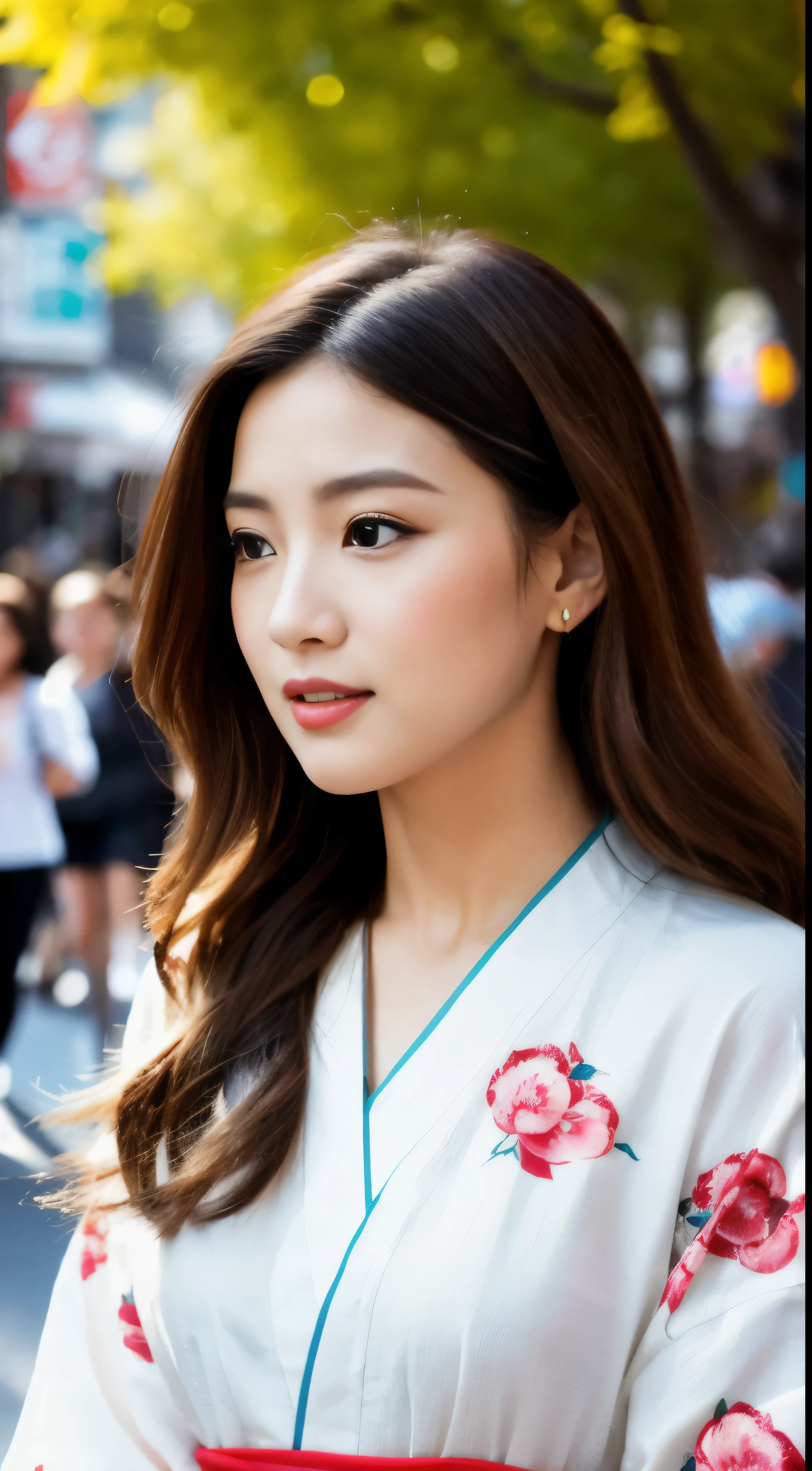 (masterpiece: 1.5), ((highest image quality: 1.25), (high resolution: 1.3), (high definition CGUnity 8k Wallpapers: 1.1), solo, A beautiful woman in a white kimono adorned with a stunning floral pattern is the central focus. She wears a red belt that accentuates her slender waist. The scene is set outdoors, with the vibrant and bustling area of Dotonbori serving as the lively backdrop. The image is filled with intricate facial details, capturing every pore and wrinkle. Her chestnut hair cascades down her shoulders, catching