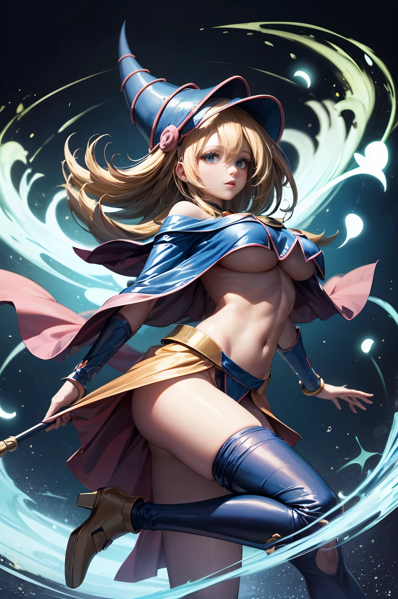 (Obra maestra:1.2), (La mejor calidad:1.2), perfect lighting, Chica Maga Oscura lanzando un hechizo, flotando en el aire, tetas grandes, escote, fondo de magia. Corazones transparente en el hambiente, bata azul, sombrero grande, desde arriba, Destellos, Yugioh Card en el fondo