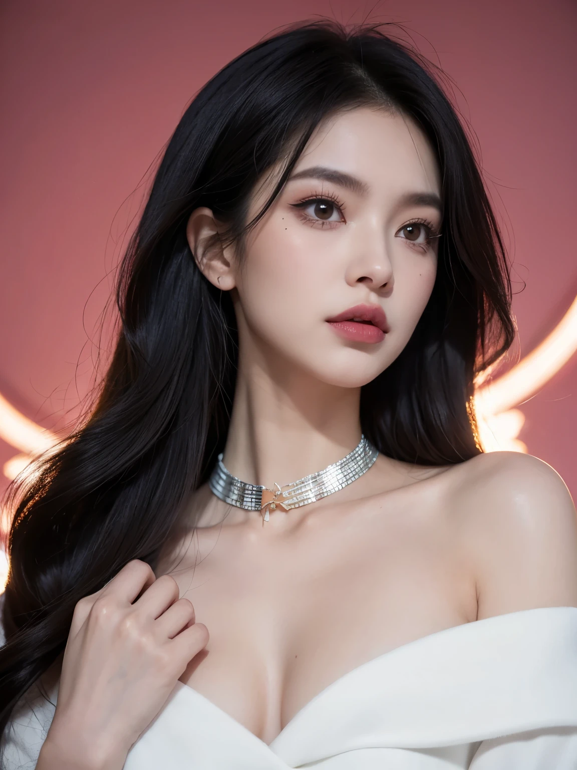 Kim Jennie con el cabello negro oscuro, con rulos en las puntas del cabello negro oscuro, con un ganchito de estrella en el cabello negro oscuro, ojos de color claro, ojos bonitos, nariz bonita y respingada, labios bonitos, labios rosas, heart and cupid shaped lip, piel bonita, pale, white skin, con lunares y pecas en todo el rostro, rubor rosa suave en las mejilla, rubor rosa natural, dark and gothic makeup, Jennie gotica, cuellos bonito, cuello marcado, frown, mirada enojada, con un collar de beso, un collar bonito de beso, mientras muestra sus pechos desnudos, mientras tiene los pezones con dos corazones de papel rosa, tiene los pezonnes con corazones de papel rosa (pechos grandes, pechos suaves, pechos bonitos, pechos naturaleirando a la camara, autofoto 