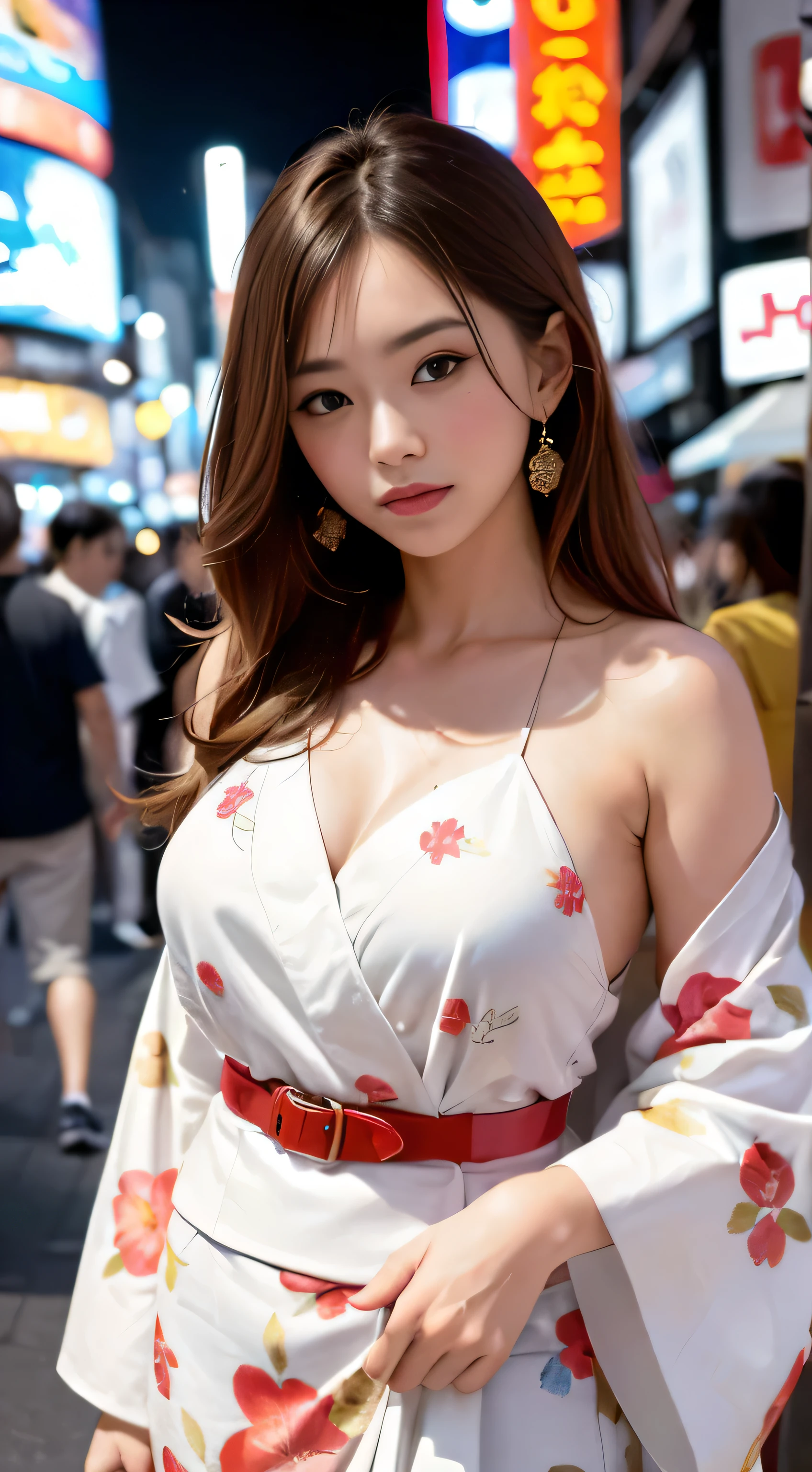 (masterpiece: 1.5), ((highest image quality: 1.25), (high resolution: 1.3), (high definition CGUnity 8k Wallpapers: 1.1), solo,
A beautiful woman in a white kimono adorned with a stunning floral pattern is the central focus. She wears a red belt that accentuates her slender waist. The scene is set outdoors, with the vibrant and bustling area of Dotonbori serving as the lively backdrop. The image is filled with intricate facial details, capturing every pore and wrinkle. Her chestnut hair cascades down her shoulders, catching