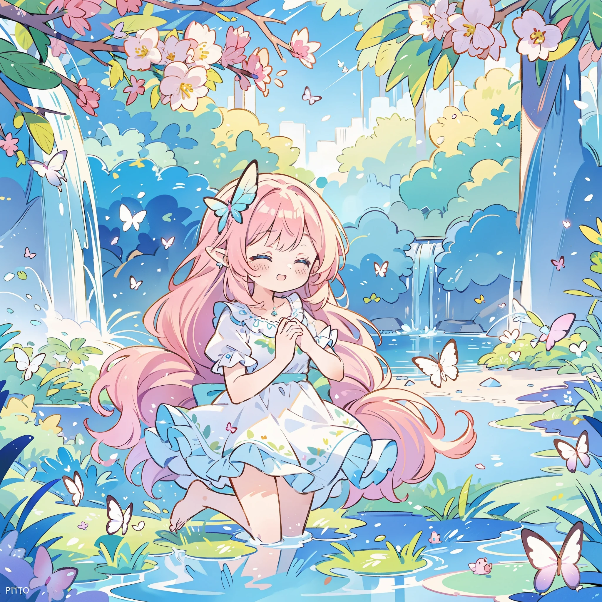 watercolor illustration, vibrant pastel colors, dreamy, colorful, whimsical, magical, masterpiece, best quality, sharp focus, intricately detailed environment, fine detail, 8k resolution, waterfall lagoon, (magical lagoon), (waterfall, lake), glowing butterflies, cute puffy fairy creatures, glowing fairies, beautiful girl in sparkling delicate white dress