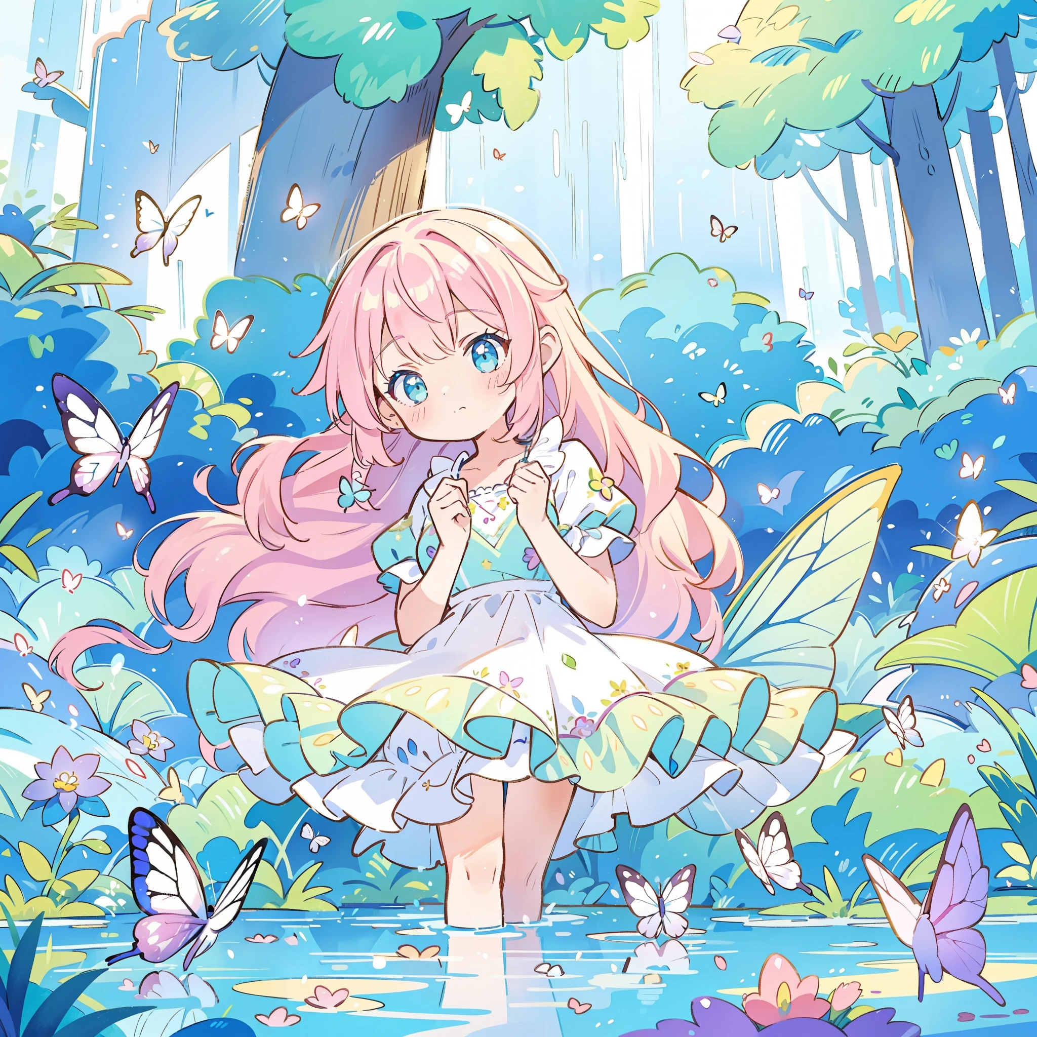 watercolor illustration, vibrant pastel colors, dreamy, colorful, whimsical, magical, masterpiece, best quality, sharp focus, intricately detailed environment, fine detail, 8k resolution, waterfall lagoon, (magical lagoon), (waterfall, lake), glowing butterflies, cute puffy fairy creatures, glowing fairies, beautiful girl in sparkling delicate white dress