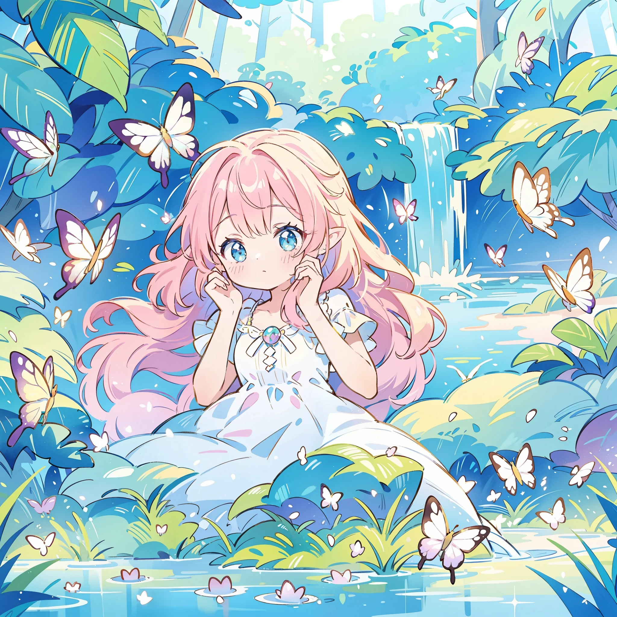 watercolor illustration, vibrant pastel colors, dreamy, colorful, whimsical, magical, masterpiece, best quality, sharp focus, intricately detailed environment, fine detail, 8k resolution, waterfall lagoon, (magical lagoon), (waterfall, lake), glowing butterflies, cute puffy fairy creatures, glowing fairies, beautiful girl in sparkling delicate white dress