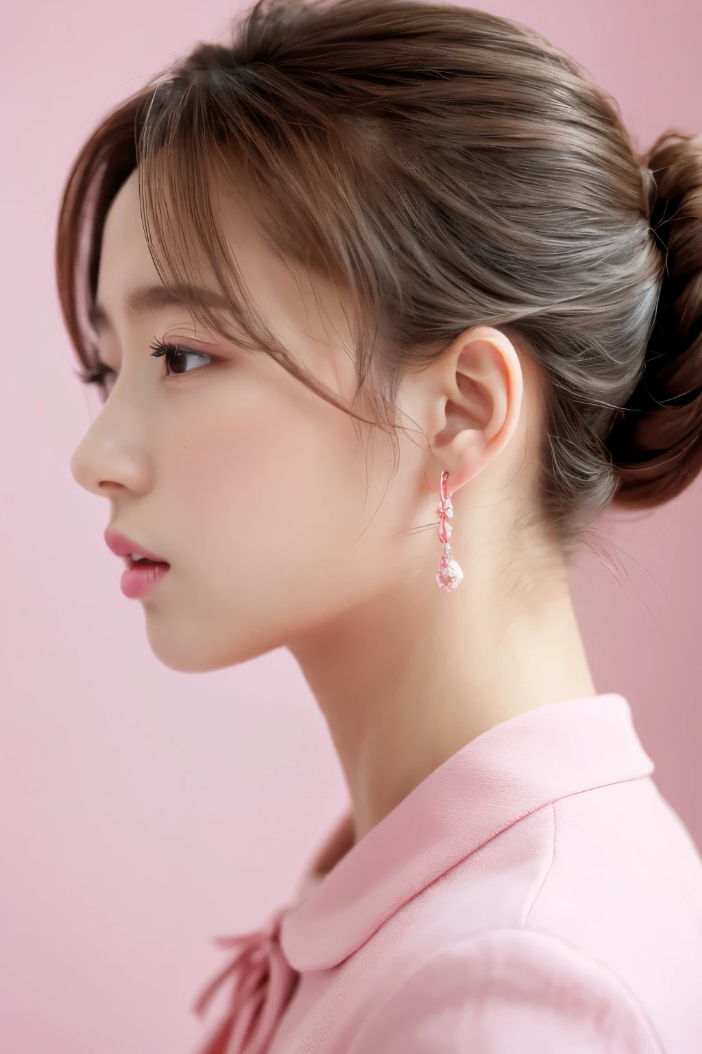 Masterpiece, Best Quality, 1girls, profile, ponytail, updo hair, nape of neck, pink lips, slightly upturned nose, long eyelashes, realistic skin texture, attractive face, blurred, white background