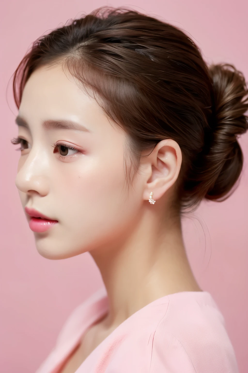 Masterpiece, Best Quality, 1girls, profile, ponytail, updo hair, nape of neck, pink lips, slightly upturned nose, long eyelashes, realistic skin texture, attractive face, blurred, white background