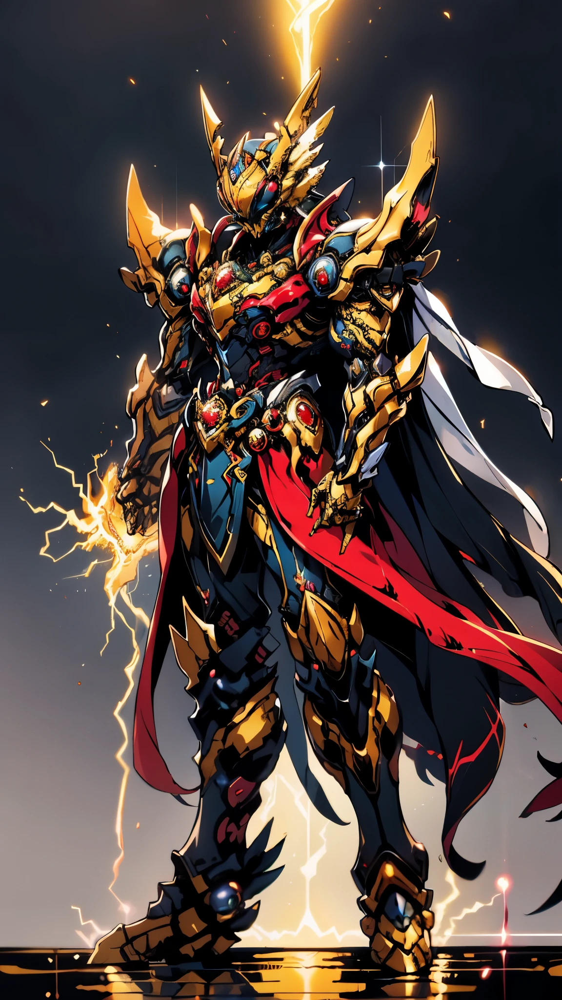 A woman adorned in fantasy-style full-body armor, a crown-concept fully enclosed helmet that unveils only her eyes, a composite layered chest plate, fully encompassing shoulder and hand guards, a lightweight waist armor, form-fitting shin guards, the overall design is heavy-duty yet flexible, ((the armor gleams with a golden glow, complemented by red and blue accents)), exhibiting a noble aura, she floats above a fantasy-surreal high-tech city, this character embodies a finely crafted fantasy-surreal style armored hero in anime style, exquisite and mature manga art style, (Queen bee mixed with Spider concept Armor, plasma, blood), ((Element, energy, elegant, goddess, femminine:1.5)), metallic, high definition, best quality, highres, ultra-detailed, ultra-fine painting, extremely delicate, professional, anatomically correct, symmetrical face, extremely detailed eyes and face, high quality eyes, creativity, RAW photo, UHD, 32k, Natural light, cinematic lighting, masterpiece-anatomy-perfect, masterpiece:1.5
