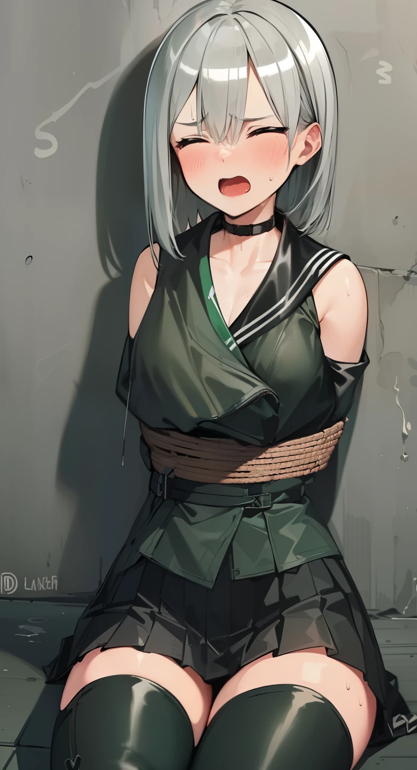 open mouth, shouting, closed eyes,((((hands tied behind)))), ((turn your arms behind your back)), brown rope, bondage, ((grit your teeth)), ((((close eyes)))), ((it hurts)), (((frown))), frown, (((Sweat))), blush, origen, 1 girl, alone, skirt, it hurts, blush, black thighs, The same thigh, (wariza), ((sitting on the floor)), concrete floor, concrete wall, underground, underground, indoors, blush, black skirt, gloves, looking at the viewer, (black skirt), green coat, hair between eyes, black stockings, bangs, short hair, surreal, very detailed, detailed face, very detailedテクスチャ, clavicle,