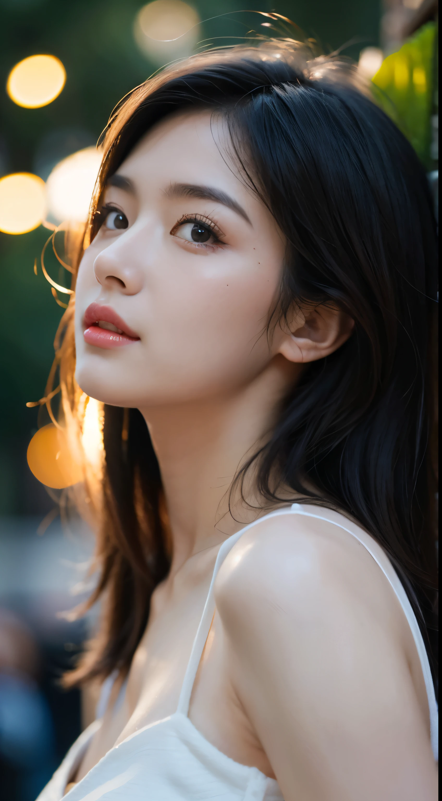 low angle perspective, Mulher, pose confiante, soft lighting, detalhes faciais expressivos, traje elegante, cinematic angle, fundo bokeh, high resolution.
