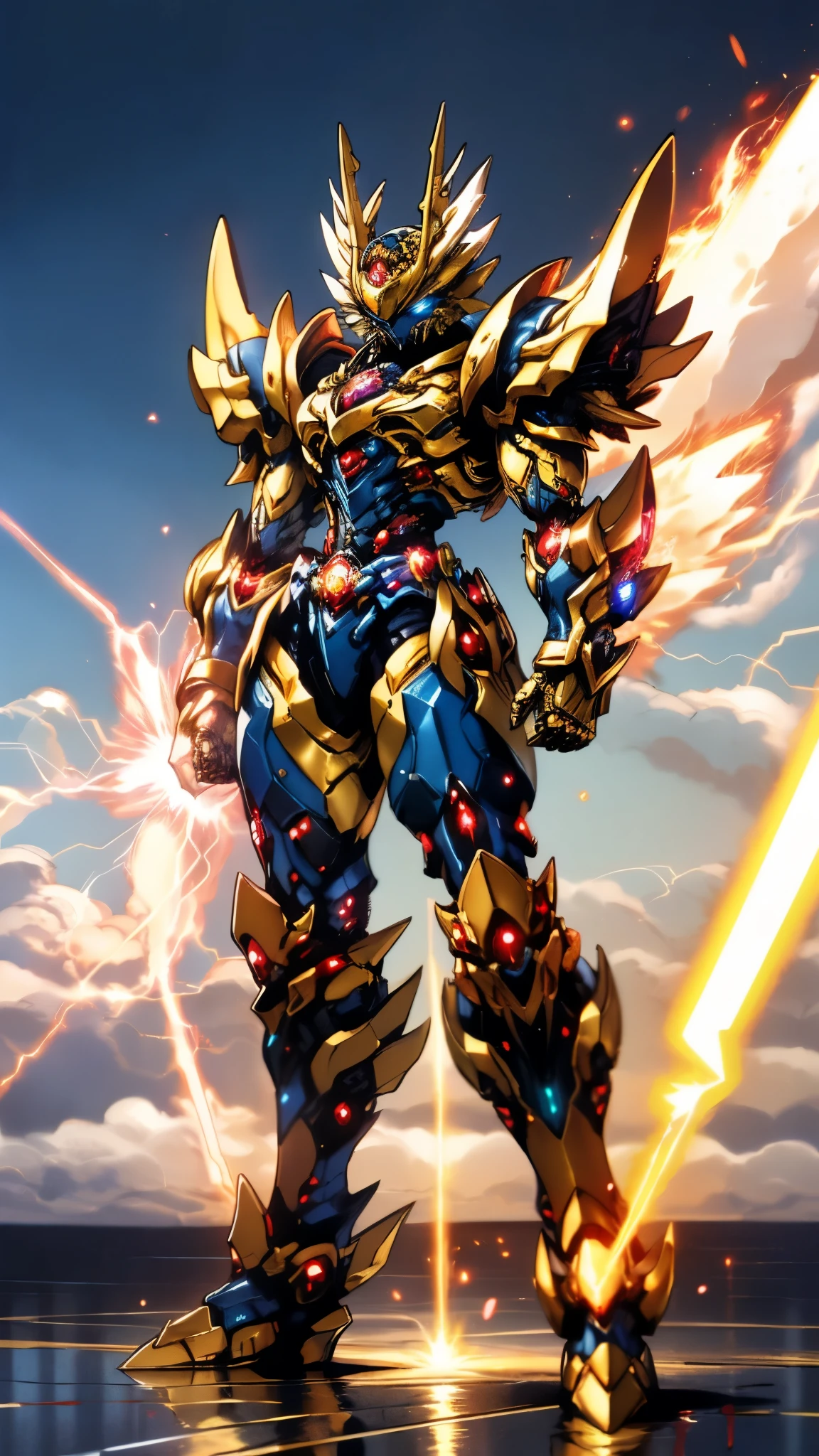 A woman adorned in fantasy-style full-body armor, a crown-concept fully enclosed helmet that unveils only her eyes, a composite layered chest plate, fully encompassing shoulder and hand guards, a lightweight waist armor, form-fitting shin guards, the overall design is heavy-duty yet flexible, ((the armor gleams with a golden glow, complemented by red and blue accents)), exhibiting a noble aura, she floats above a fantasy-surreal high-tech city, this character embodies a finely crafted fantasy-surreal style armored hero in anime style, exquisite and mature manga art style, (Queen bee mixed with Spider concept Armor, plasma, blood), ((Element, energy, elegant, goddess, femminine:1.5)), metallic, high definition, best quality, highres, ultra-detailed, ultra-fine painting, extremely delicate, professional, anatomically correct, symmetrical face, extremely detailed eyes and face, high quality eyes, creativity, RAW photo, UHD, 32k, Natural light, cinematic lighting, masterpiece-anatomy-perfect, masterpiece:1.5