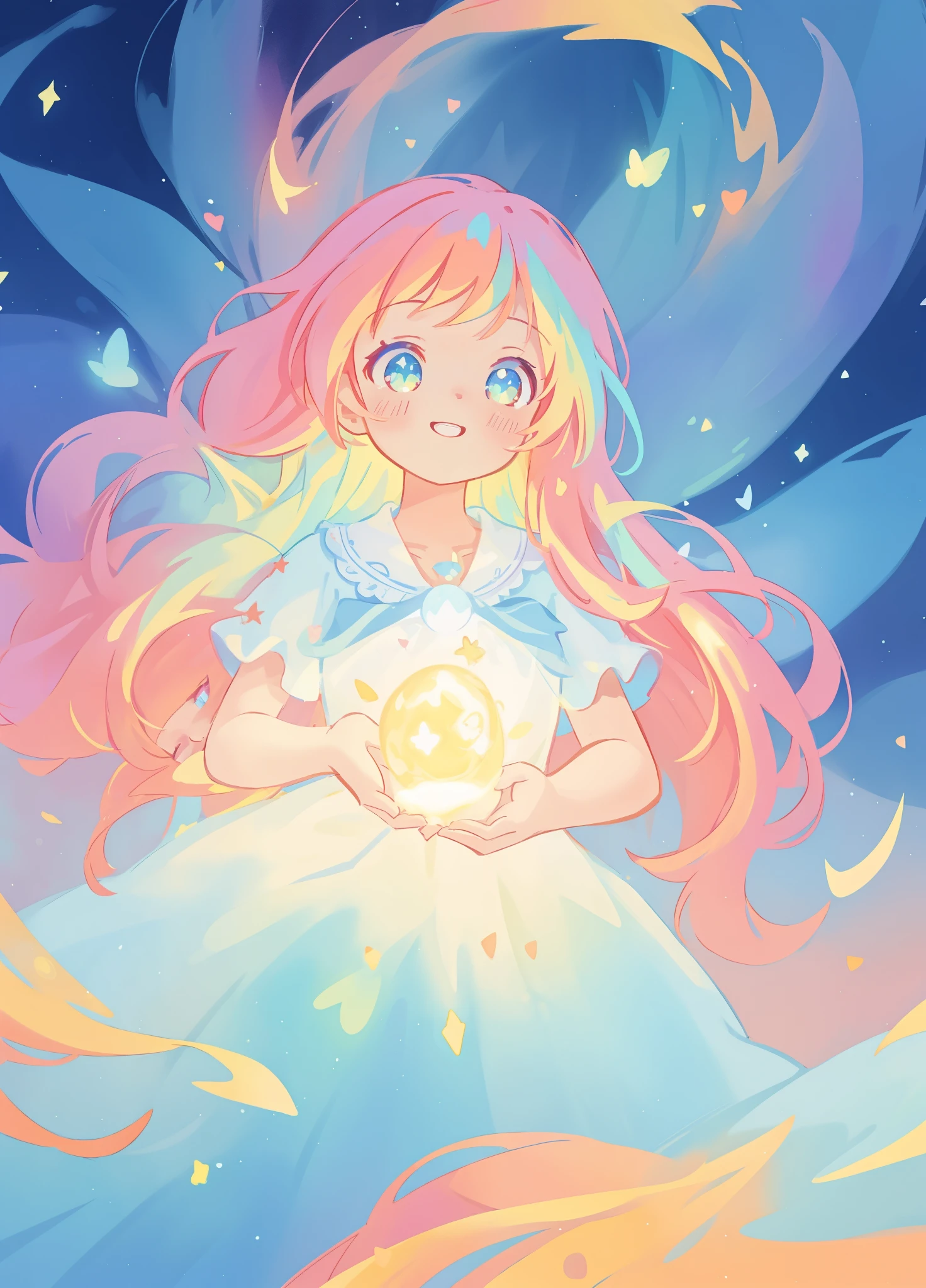 beautiful girl, fantasy layered ballgown, vibrant pastel colors, (colorful), glowing golden long hair, magical lights, sparkling magical liquid, inspired by Glen Keane, inspired by Lois van Baarle, disney art style, by Lois van Baarle, glowing aura around her, by Glen Keane, jen bartel, glowing lights! digital painting, flowing glowing hair, glowing flowing hair, beautiful digital illustration, fantasia background, whimsical, magical, fantasy, ((beautiful face)), ((masterpiece, best quality)), intricate details, highly detailed, sharp focus, 8k resolution, sparkling detailed eyes, liquid watercolor