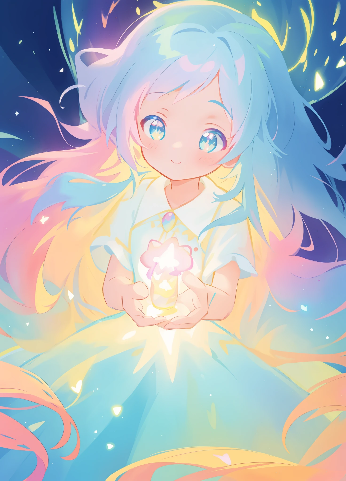beautiful girl, fantasy layered ballgown, vibrant pastel colors, (colorful), glowing golden long hair, magical lights, sparkling magical liquid, inspired by Glen Keane, inspired by Lois van Baarle, disney art style, by Lois van Baarle, glowing aura around her, by Glen Keane, jen bartel, glowing lights! digital painting, flowing glowing hair, glowing flowing hair, beautiful digital illustration, fantasia background, whimsical, magical, fantasy, ((beautiful face)), ((masterpiece, best quality)), intricate details, highly detailed, sharp focus, 8k resolution, sparkling detailed eyes, liquid watercolor