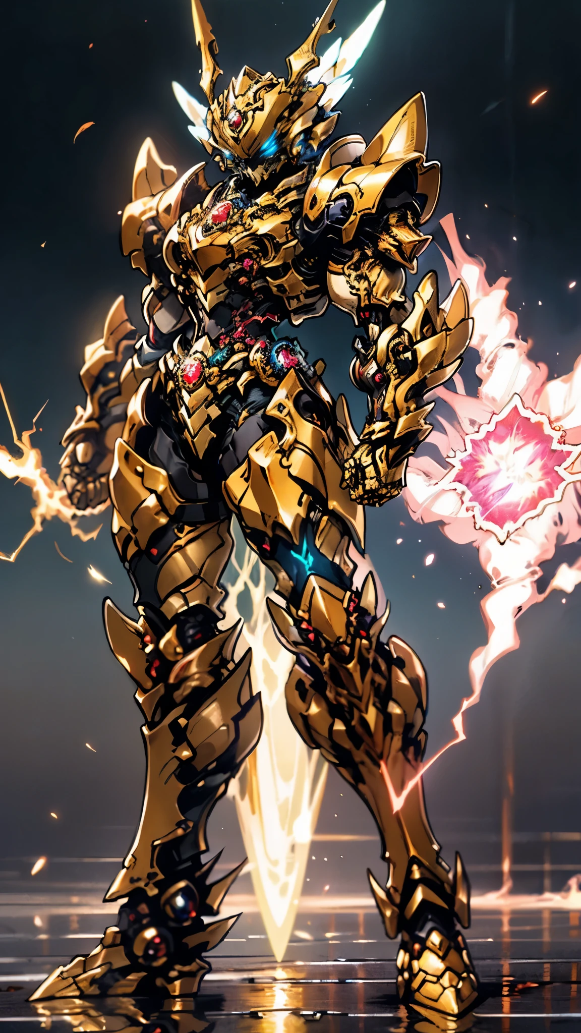 A woman adorned in fantasy-style full-body armor, a crown-concept fully enclosed helmet that unveils only her eyes, a composite layered chest plate, fully encompassing shoulder and hand guards, a lightweight waist armor, form-fitting shin guards, the overall design is heavy-duty yet flexible, ((the armor gleams with a golden glow, complemented by red and blue accents)), exhibiting a noble aura, she floats above a fantasy-surreal high-tech city, this character embodies a finely crafted fantasy-surreal style armored hero in anime style, exquisite and mature manga art style, (Queen bee mixed with Spider concept Armor, plasma, blood), ((Element, energy, elegant, goddess, femminine:1.5)), metallic, high definition, best quality, highres, ultra-detailed, ultra-fine painting, extremely delicate, professional, anatomically correct, symmetrical face, extremely detailed eyes and face, high quality eyes, creativity, RAW photo, UHD, 32k, Natural light, cinematic lighting, masterpiece-anatomy-perfect, masterpiece:1.5