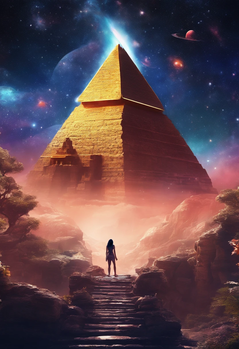 highest quality、masterpiece、ultra high resolution、(realistic:1.4)、ancient ruins、Shining pyramid、shine beautifully、filled with huge stones、pyramid covered with ivy、girl standing in front of the pyramid