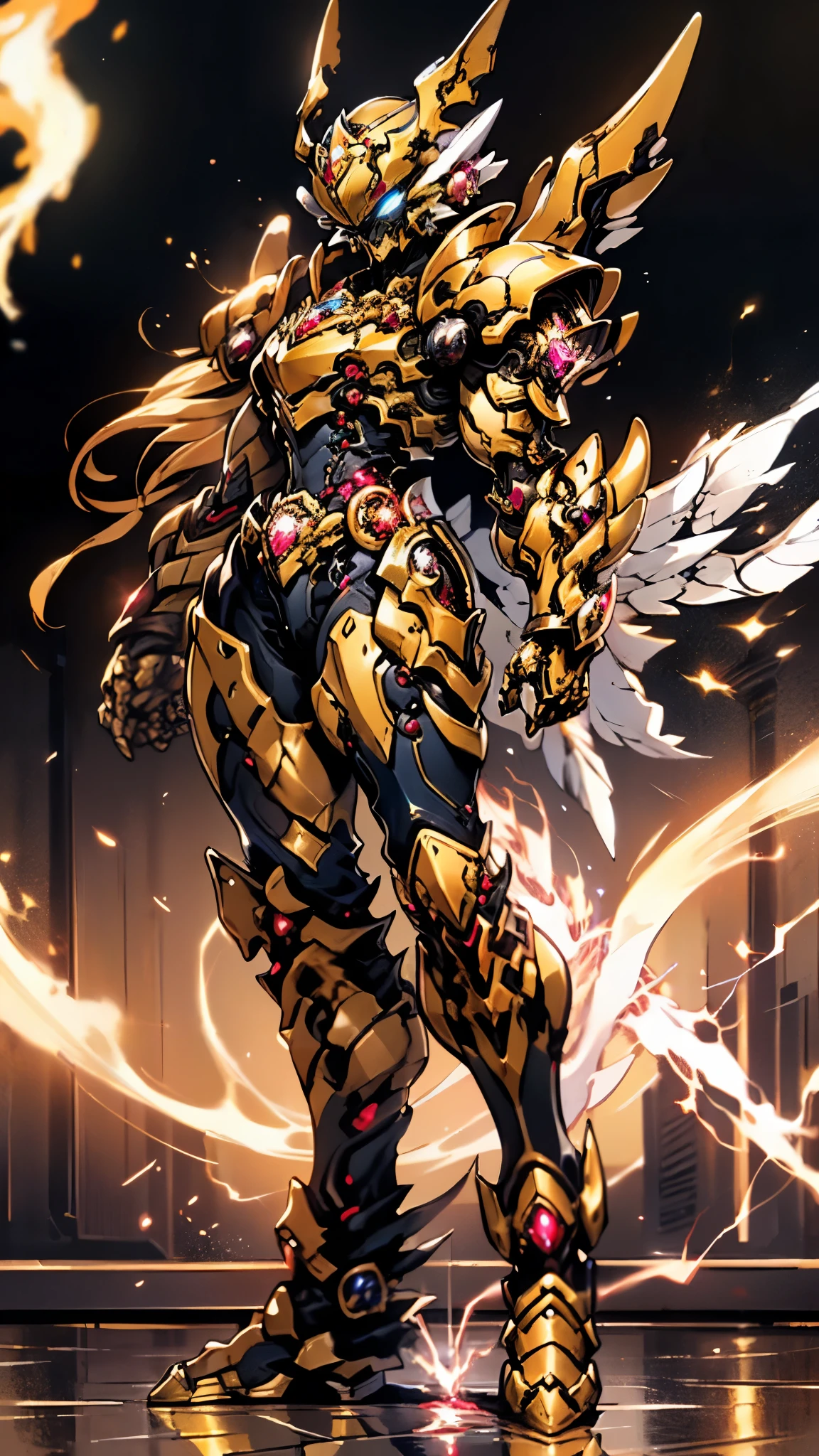 A woman adorned in fantasy-style full-body armor, a crown-concept fully enclosed helmet that unveils only her eyes, a composite layered chest plate, fully encompassing shoulder and hand guards, a lightweight waist armor, form-fitting shin guards, the overall design is heavy-duty yet flexible, ((the armor gleams with a golden glow, complemented by red and blue accents)), exhibiting a noble aura, she floats above a fantasy-surreal high-tech city, this character embodies a finely crafted fantasy-surreal style armored hero in anime style, exquisite and mature manga art style, (Queen bee mixed with Spider concept Armor, plasma, blood), ((Element, energy, elegant, goddess, femminine:1.5)), metallic, high definition, best quality, highres, ultra-detailed, ultra-fine painting, extremely delicate, professional, anatomically correct, symmetrical face, extremely detailed eyes and face, high quality eyes, creativity, RAW photo, UHD, 32k, Natural light, cinematic lighting, masterpiece-anatomy-perfect, masterpiece:1.5