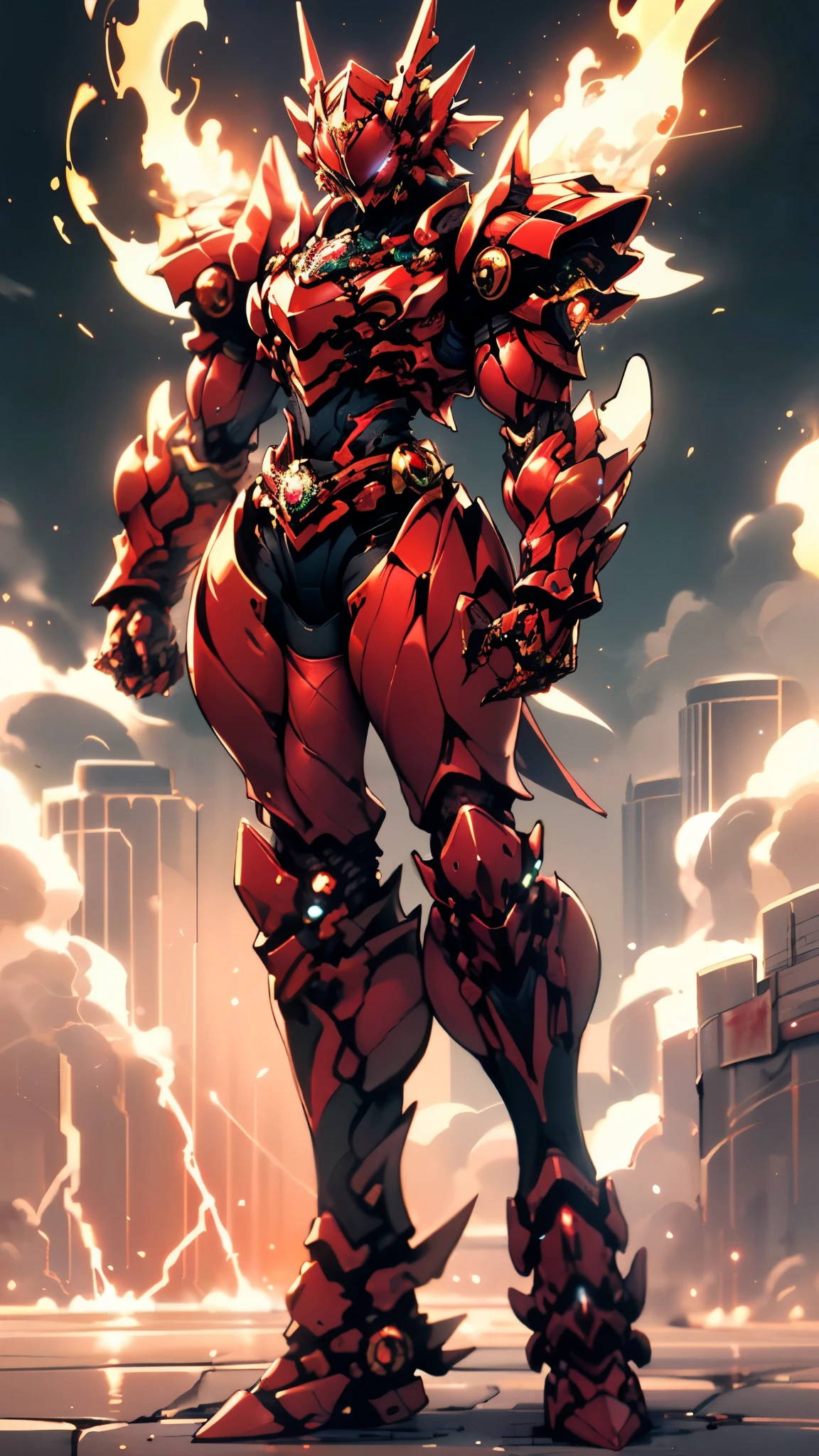 A woman adorned in fantasy-style full-body armor, a crown-concept fully enclosed helmet that unveils only her eyes, a composite layered chest plate, fully encompassing shoulder and hand guards, a lightweight waist armor, form-fitting shin guards, the overall design is heavy-duty yet flexible, ((the armor gleams with a golden glow, complemented by red and blue accents)), exhibiting a noble aura, she floats above a fantasy-surreal high-tech city, this character embodies a finely crafted fantasy-surreal style armored hero in anime style, exquisite and mature manga art style, (Queen bee mixed with Spider concept Armor, plasma, blood), ((Element, energy, elegant, goddess, femminine:1.5)), metallic, high definition, best quality, highres, ultra-detailed, ultra-fine painting, extremely delicate, professional, anatomically correct, symmetrical face, extremely detailed eyes and face, high quality eyes, creativity, RAW photo, UHD, 32k, Natural light, cinematic lighting, masterpiece-anatomy-perfect, masterpiece:1.5