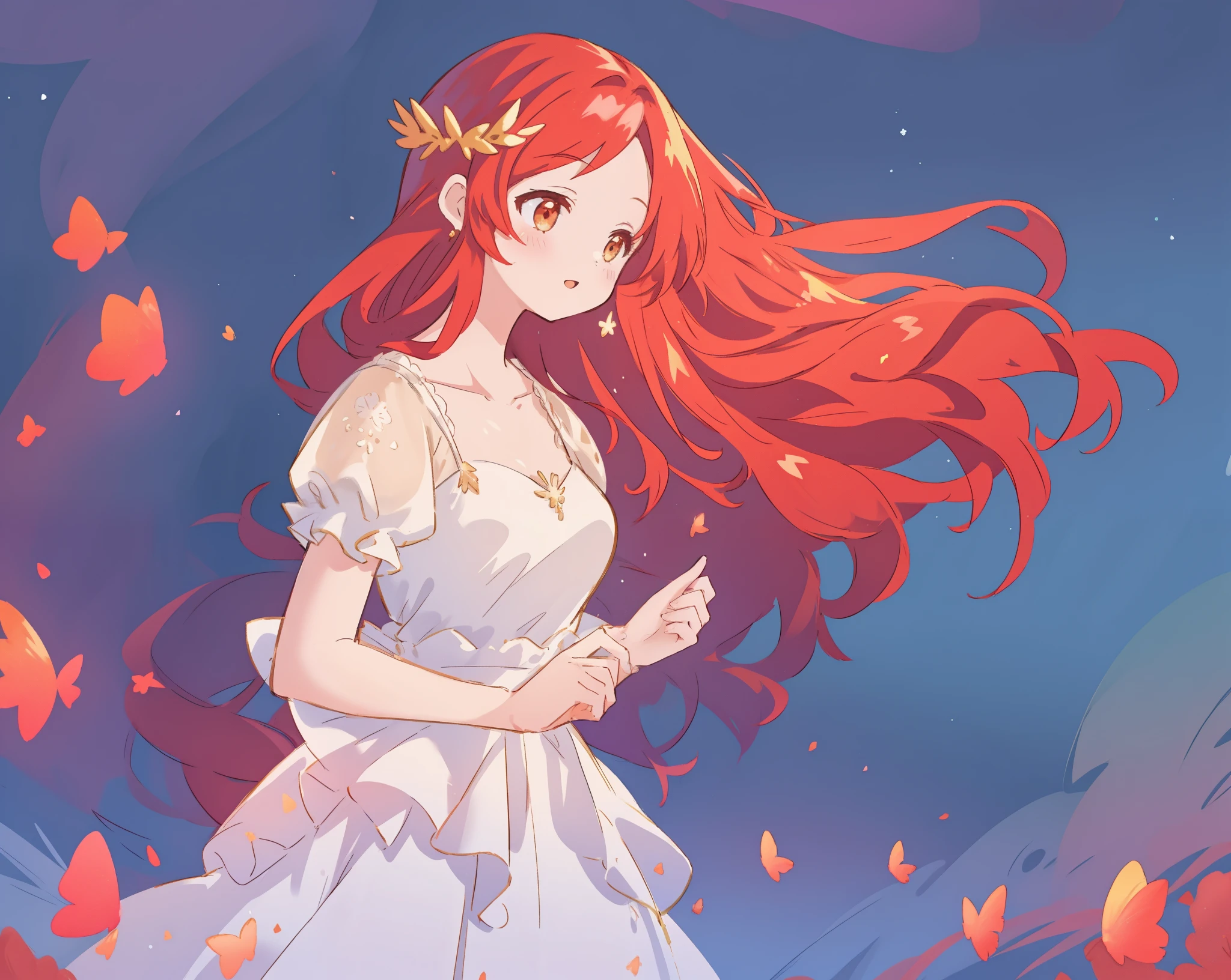 beautiful girl in white shimmering puffy layered ballgown, puffy layered tutu skirt, long flowing red hair, colorful fantasia background, watercolor illustration, glowing aura around her, glowing flowing hair, fantasia otherworldly landscape, beautiful, masterpiece, best quality, sharp focus, intricate details, highly detailed, 8k resolution, high resolution, fine detail, golden ratio, perfect composition, perfection, intricate dress details