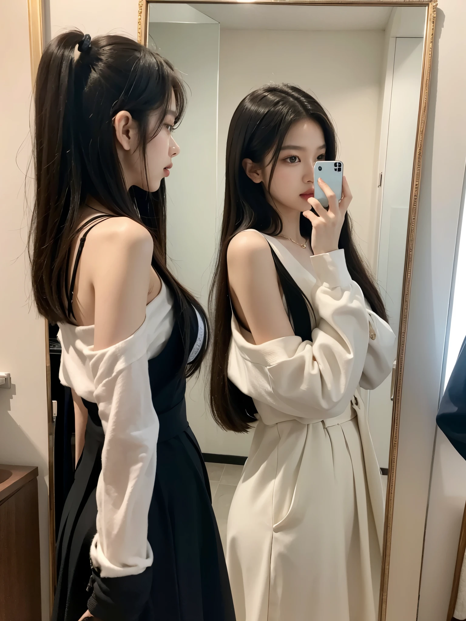 blackpink's jennie taking a photo in front of a mirror.