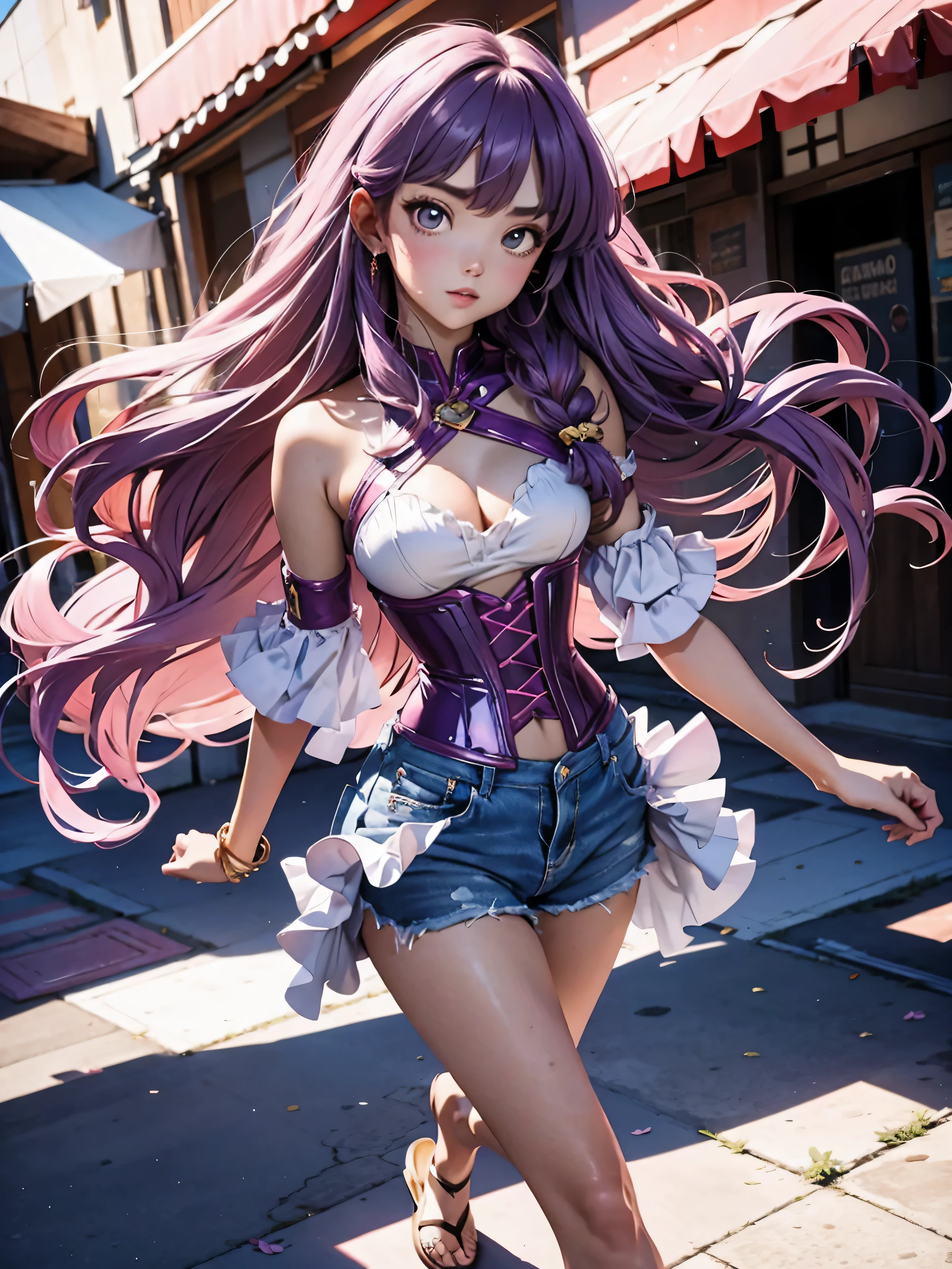 Anime cabelo purple com short jeans e corset rosa pink, 16 anos, corpo bonito, seios grandes, com as hands on chest, hands on chest, Garota sexy, purple cabelo, mechas de cabelo laterais, mechas de cabelo na lateral do rosto, beautiful lighting, sombras suaves, olhos azuis, pernas bonitas, cabelo longo purple, estilo anime, personagem Shampoo Chan, Autora Rumiko Takahashi, Baseado em obra de Rumiko Takahashi, Anime Ranma 1/ 2, decote sexy, quadril robusto, corpo inteiro, corpo inteiro, busto grande, garota jovem com corpo belo e bonito, sandals on his feet, garota 16 anos jovem, usando short jeans e corset pink rosa brilhante, garota anime, estilo anime, beautiful feet in sandals, 45° viewing angle, ao ar livre, peito grande, seios bonitos, cabelo purple, sandals on the feet, pernas bonitas, sexy