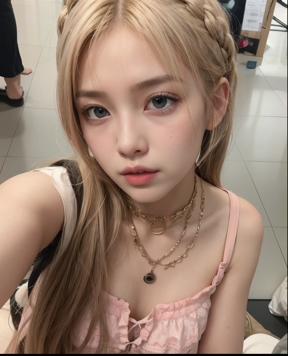 um close de uma mulher com cabelos longos e uma blusa rosa, lalisa manobal, Lalisa Manoban do Blackpink, parque roseanne de blackpink, Ulzzang, 8K selfie photograph, adorable and pale korean face, jossi do blackpink, portrait of jossi do blackpink, ela tem um rosto fofo, garota de anime na vida real, 8K))