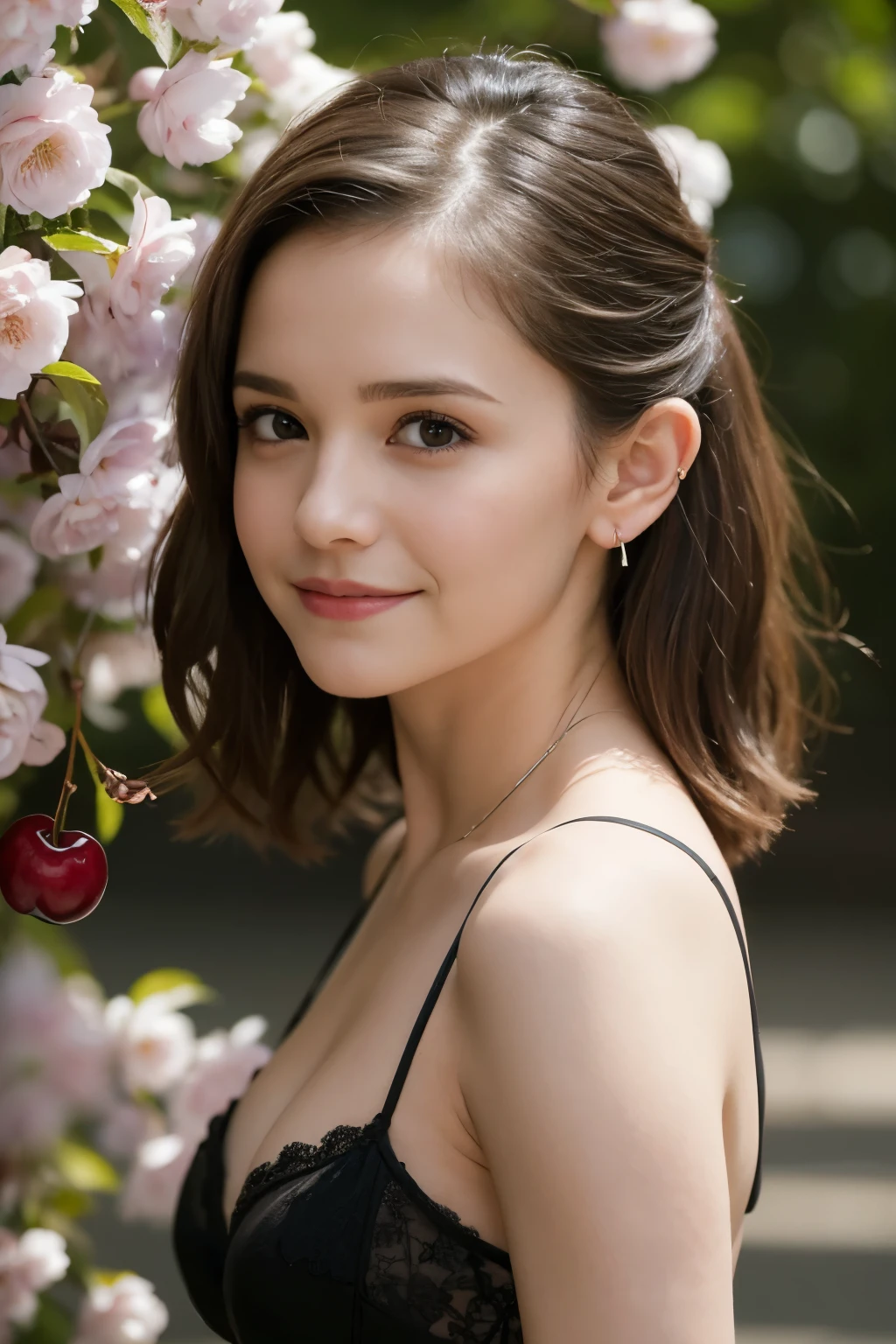 Masterpiece, Best quality, 8k, 18 ans, Photo brute, absurdes, Award-winning portrait, sourire, sourire, pure, french, elegant vibrant black lingerie, spring, orchard in bloom, laces, famous singer, cute, sweet, cherry lips, cherry earrings , Nina Dobrev, Katie Holmes, hips