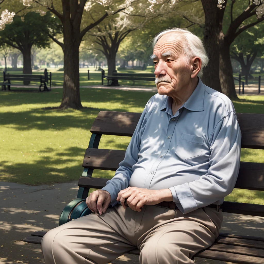 A lonely old man lost in thought, a park bench, deep facial wrinkles, distant gaze, warm spring sunlight, and conspicuous loneliness.