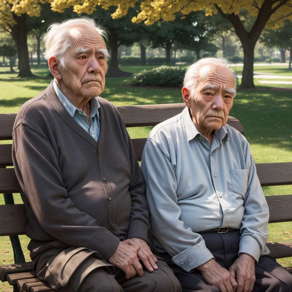 A lonely old man lost in thought, a park bench, deep facial wrinkles, distant gaze, warm spring sunlight, and conspicuous loneliness.