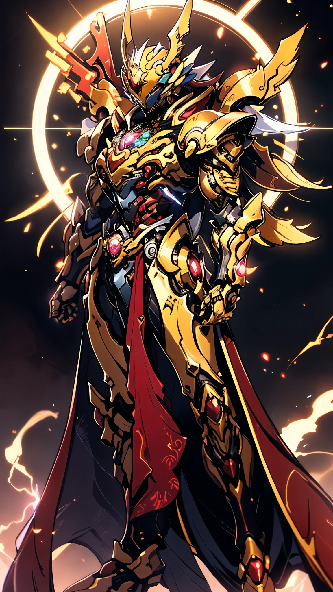 A woman adorned in fantasy-style full-body armor, a crown-concept fully enclosed helmet that unveils only her eyes, a composite layered chest plate, fully encompassing shoulder and hand guards, a lightweight waist armor, form-fitting shin guards, the overall design is heavy-duty yet flexible, ((the armor gleams with a golden glow, complemented by red and blue accents)), exhibiting a noble aura, she floats above a fantasy-surreal high-tech city, this character embodies a finely crafted fantasy-surreal style armored hero in anime style, exquisite and manga art style, (Queen bee mixed with Spider concept Armor, plasma, blood), ((Element, energy, elegant, goddess, femminine:1.5)), metallic, high definition, best quality, highres, ultra-detailed, ultra-fine painting, extremely delicate, professional, anatomically correct, symmetrical face, extremely detailed eyes and face, high quality eyes, creativity, RAW photo, UHD, 32k, Natural light, cinematic lighting, masterpiece-anatomy-perfect, masterpiece:1.5
