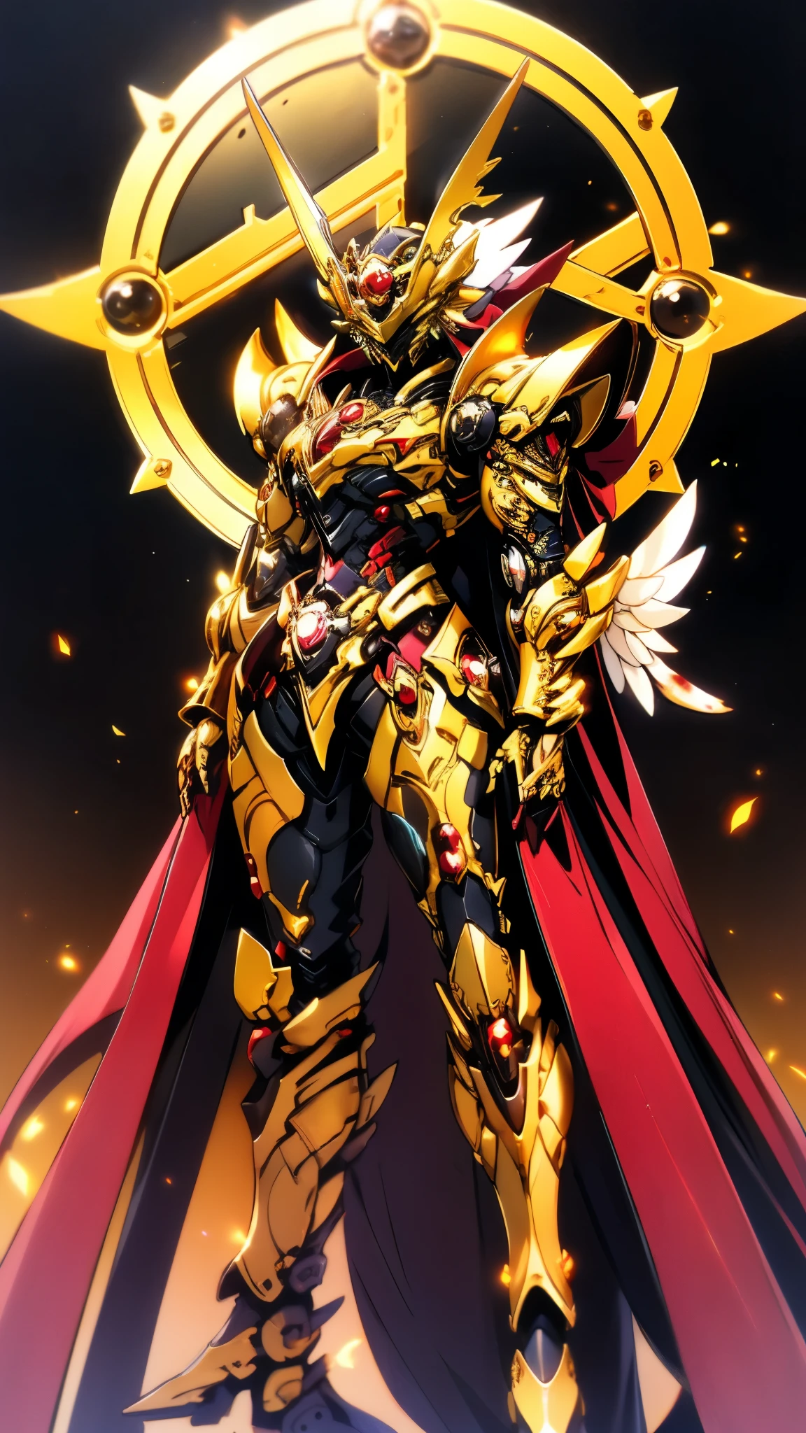 A woman adorned in fantasy-style full-body armor, a crown-concept fully enclosed helmet that unveils only her eyes, a composite layered chest plate, fully encompassing shoulder and hand guards, a lightweight waist armor, form-fitting shin guards, the overall design is heavy-duty yet flexible, ((the armor gleams with a golden glow, complemented by red and blue accents)), exhibiting a noble aura, she floats above a fantasy-surreal high-tech city, this character embodies a finely crafted fantasy-surreal style armored hero in anime style, exquisite and mature manga art style, (Queen bee mixed with Spider concept Armor, plasma, blood), ((Element, energy, elegant, goddess, femminine:1.5)), metallic, high definition, best quality, highres, ultra-detailed, ultra-fine painting, extremely delicate, professional, anatomically correct, symmetrical face, extremely detailed eyes and face, high quality eyes, creativity, RAW photo, UHD, 32k, Natural light, cinematic lighting, masterpiece-anatomy-perfect, masterpiece:1.5