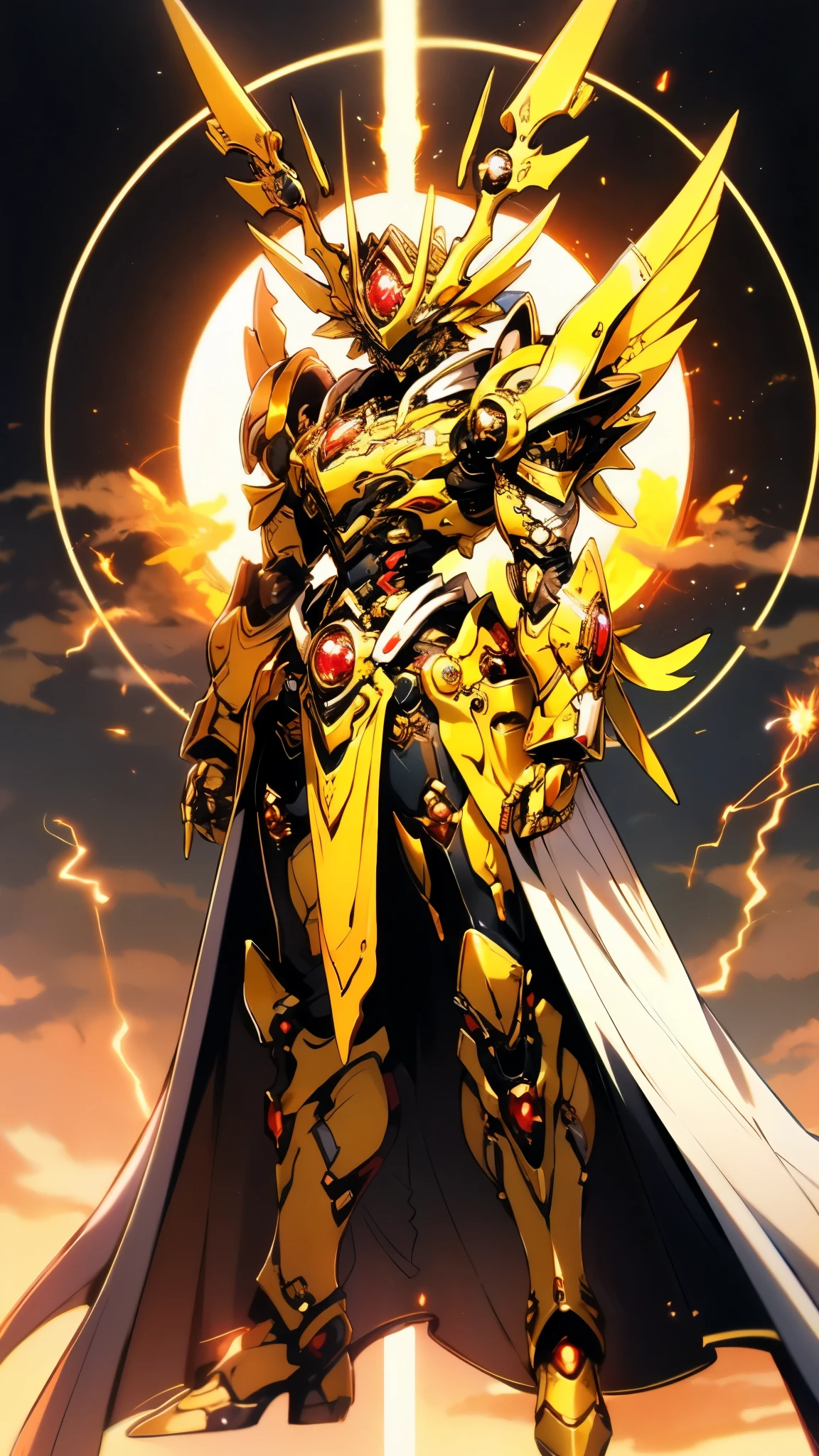 A woman adorned in fantasy-style full-body armor, a crown-concept fully enclosed helmet that unveils only her eyes, a composite layered chest plate, fully encompassing shoulder and hand guards, a lightweight waist armor, form-fitting shin guards, the overall design is heavy-duty yet flexible, ((the armor gleams with a golden glow, complemented by red and blue accents)), exhibiting a noble aura, she floats above a fantasy-surreal high-tech city, this character embodies a finely crafted fantasy-surreal style armored hero in anime style, exquisite and mature manga art style, (Queen bee mixed with Spider concept Armor, plasma, blood), ((Element, energy, elegant, goddess, femminine:1.5)), metallic, high definition, best quality, highres, ultra-detailed, ultra-fine painting, extremely delicate, professional, anatomically correct, symmetrical face, extremely detailed eyes and face, high quality eyes, creativity, RAW photo, UHD, 32k, Natural light, cinematic lighting, masterpiece-anatomy-perfect, masterpiece:1.5