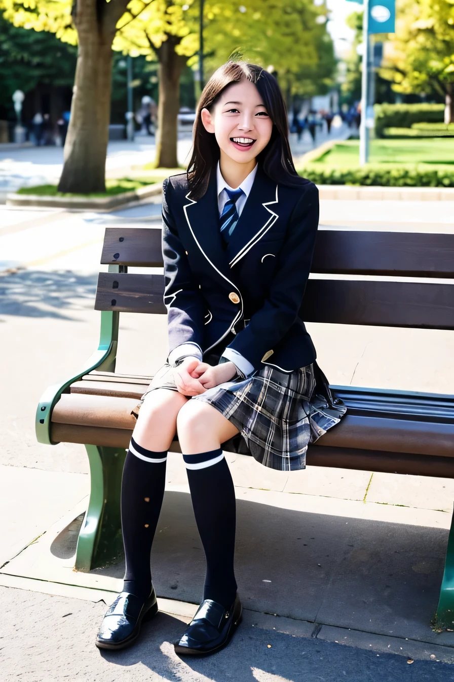 ((Full body shot))、realistic,photorealistic,super detailed,perfect shading,shiny skin,big eyes、long eyelashes、Neat and clean hairstyle、smile、open your mouth、school life,school uniform,girl,軽いsmile,schoolyard、Run、jump、Run、jump、Uplifting、black knee high socks、loafers