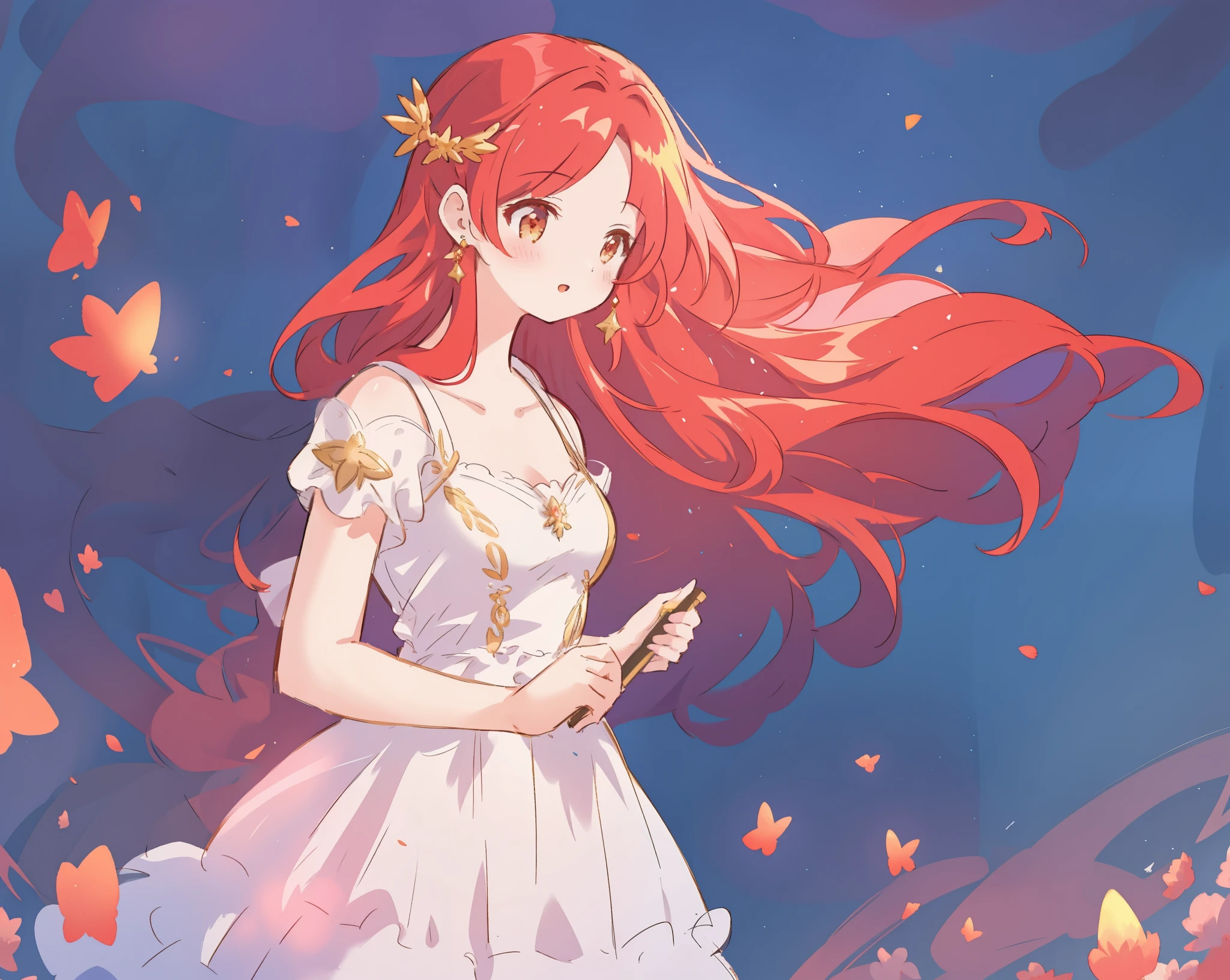 beautiful girl in white shimmering puffy layered ballgown, puffy layered tutu skirt, long flowing red hair, colorful fantasia background, watercolor illustration, glowing aura around her, glowing flowing hair, fantasia otherworldly landscape, beautiful, masterpiece, best quality, sharp focus, intricate details, highly detailed, 8k resolution, high resolution, fine detail, golden ratio, perfect composition, perfection, intricate dress details