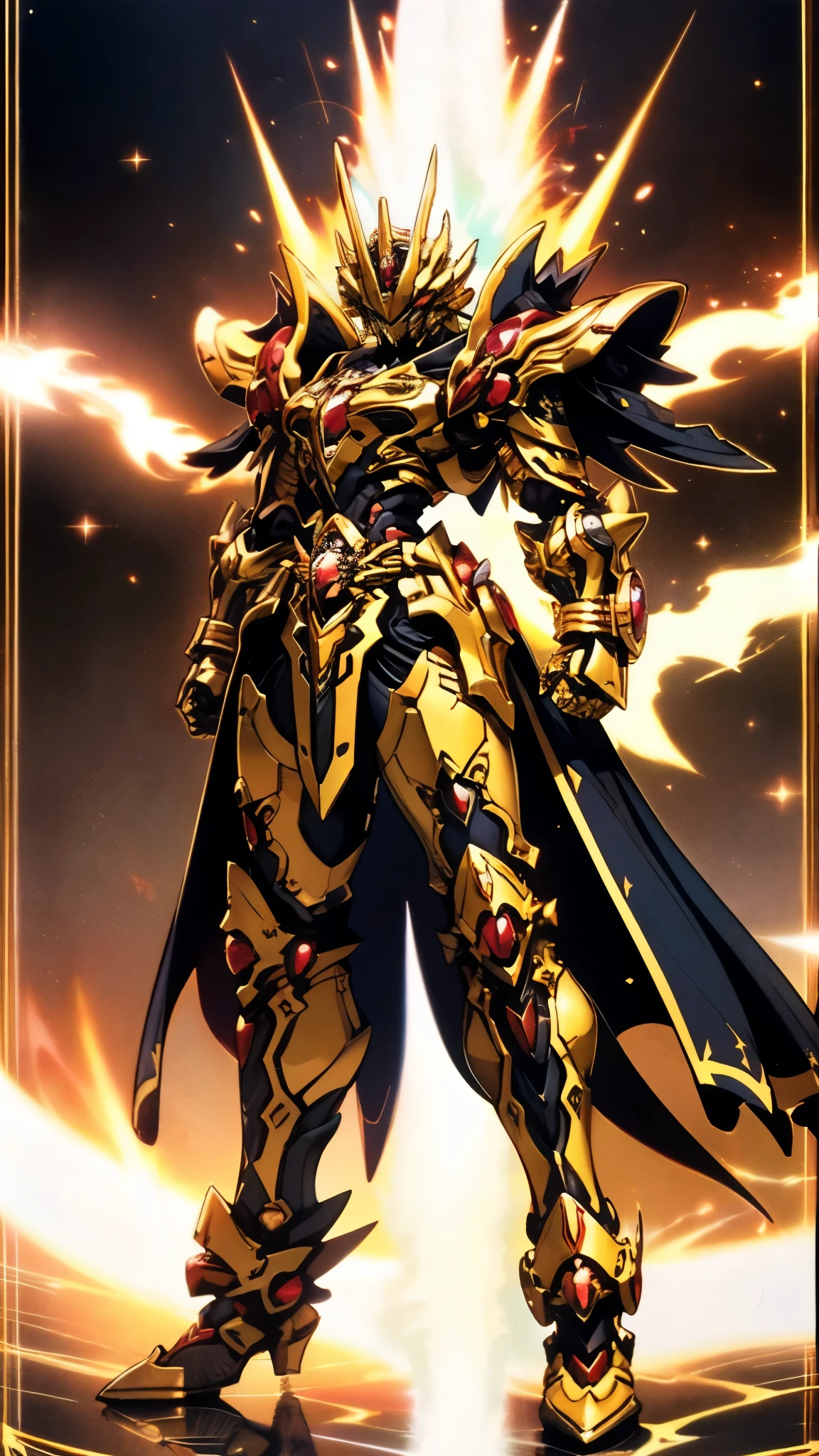 A woman adorned in fantasy-style full-body armor, a crown-concept fully enclosed helmet that unveils only her eyes, a composite layered chest plate, fully encompassing shoulder and hand guards, a lightweight waist armor, form-fitting shin guards, the overall design is heavy-duty yet flexible, ((the armor gleams with a golden glow, complemented by red and blue accents)), exhibiting a noble aura, she floats above a fantasy-surreal high-tech city, this character embodies a finely crafted fantasy-surreal style armored hero in anime style, exquisite and mature manga art style, (Queen bee mixed with Spider concept Armor, plasma, blood), ((Element, energy, elegant, goddess, femminine:1.5)), metallic, high definition, best quality, highres, ultra-detailed, ultra-fine painting, extremely delicate, professional, anatomically correct, symmetrical face, extremely detailed eyes and face, high quality eyes, creativity, RAW photo, UHD, 32k, Natural light, cinematic lighting, masterpiece-anatomy-perfect, masterpiece:1.5