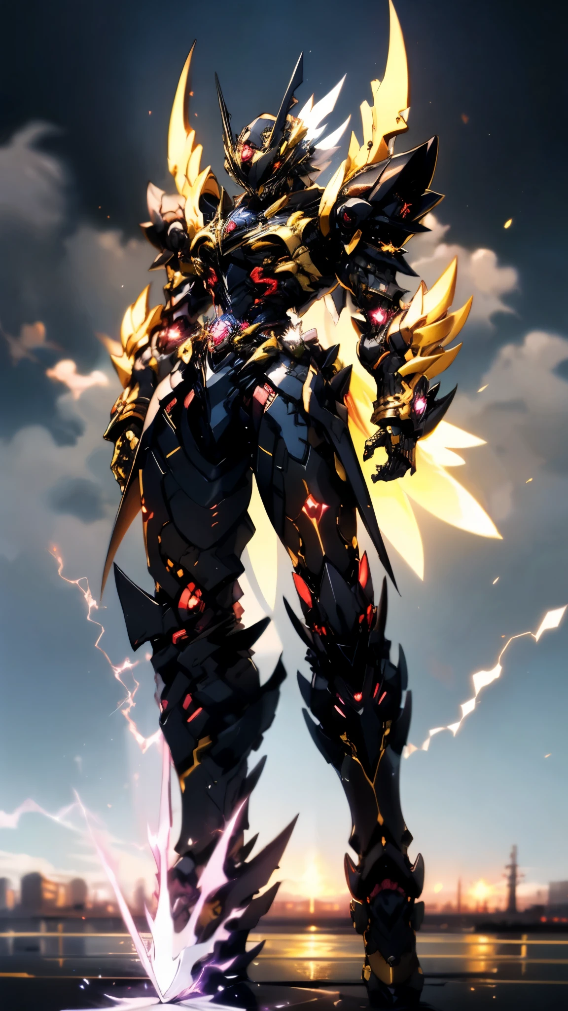 A woman adorned in fantasy-style full-body armor, a crown-concept fully enclosed helmet that unveils only her eyes, a composite layered chest plate, fully encompassing shoulder and hand guards, a lightweight waist armor, form-fitting shin guards, the overall design is heavy-duty yet flexible, ((the armor gleams with a golden glow, complemented by red and blue accents)), exhibiting a noble aura, she floats above a fantasy-surreal high-tech city, this character embodies a finely crafted fantasy-surreal style armored hero in anime style, exquisite and mature manga art style, (Queen bee mixed with Spider concept Armor, plasma, blood), ((Element, energy, elegant, goddess, femminine:1.5)), metallic, high definition, best quality, highres, ultra-detailed, ultra-fine painting, extremely delicate, professional, anatomically correct, symmetrical face, extremely detailed eyes and face, high quality eyes, creativity, RAW photo, UHD, 32k, Natural light, cinematic lighting, masterpiece-anatomy-perfect, masterpiece:1.5