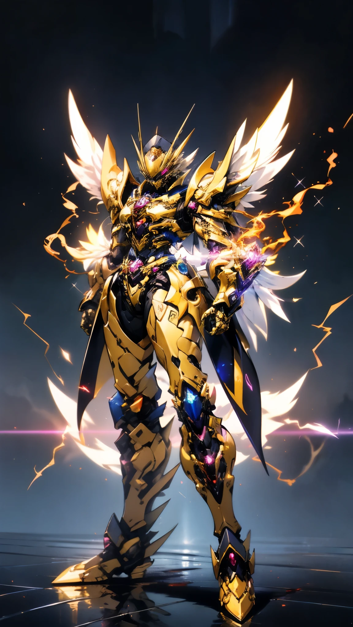 A woman adorned in fantasy-style full-body armor, a crown-concept fully enclosed helmet that unveils only her eyes, a composite layered chest plate, fully encompassing shoulder and hand guards, a lightweight waist armor, form-fitting shin guards, the overall design is heavy-duty yet flexible, ((the armor gleams with a golden glow, complemented by red and blue accents)), exhibiting a noble aura, she floats above a fantasy-surreal high-tech city, this character embodies a finely crafted fantasy-surreal style armored hero in anime style, exquisite and mature manga art style, (Queen bee mixed with Spider concept Armor, plasma, blood), ((Element, energy, elegant, goddess, femminine:1.5)), metallic, high definition, best quality, highres, ultra-detailed, ultra-fine painting, extremely delicate, professional, anatomically correct, symmetrical face, extremely detailed eyes and face, high quality eyes, creativity, RAW photo, UHD, 32k, Natural light, cinematic lighting, masterpiece-anatomy-perfect, masterpiece:1.5