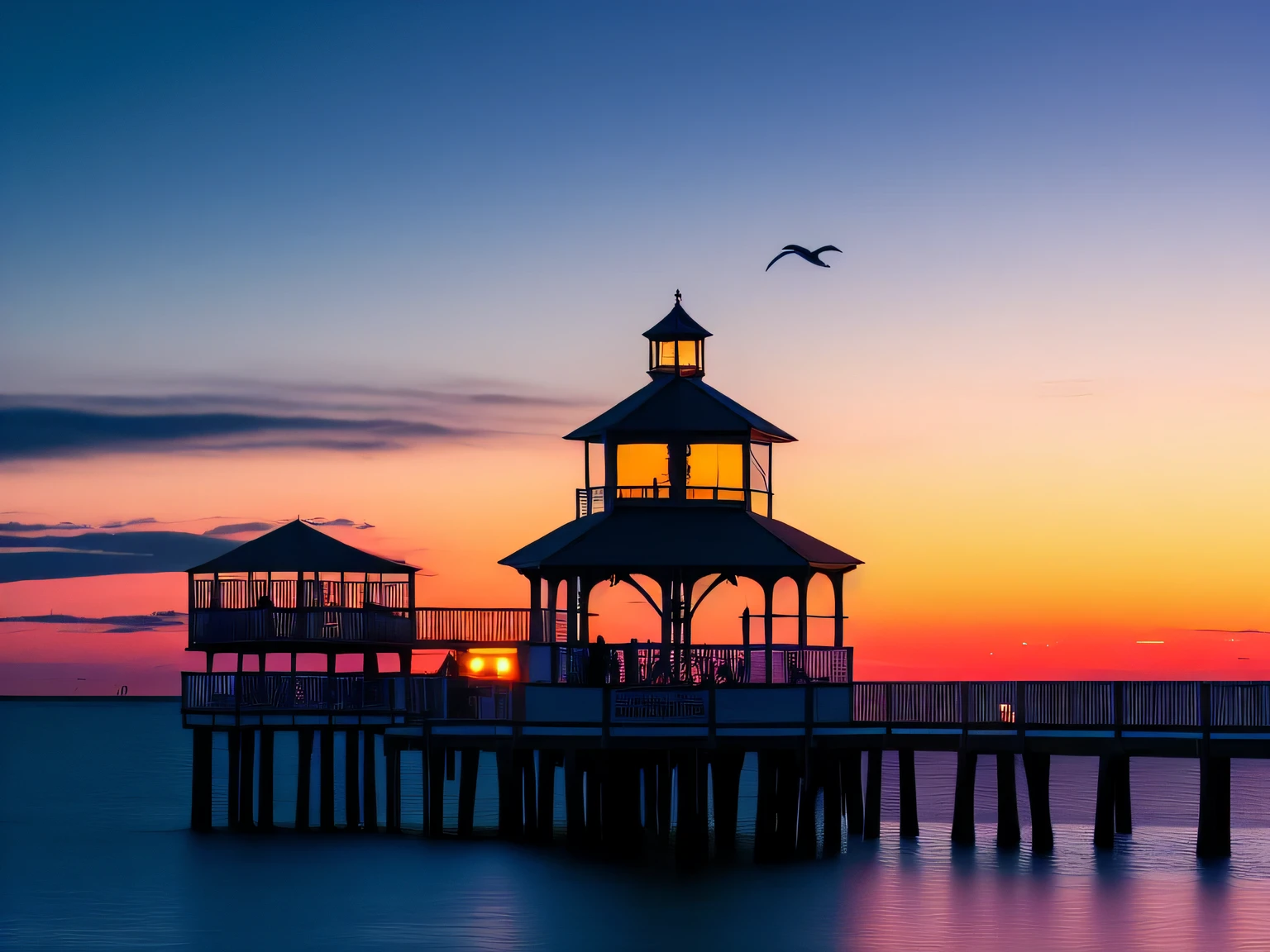 sunset over a pier with a gazebo and a boat in the water, morning sunrise, stock image, serene colors, sunrise colors, colorful sunset, sun setting, sunsetting color, dusk setting, early morning sunrise, by Carey Morris, vibrant scene, at sunrise, sunrise, sunset colors, night setting, fan favorite, by Niko Henrichon, pastel sunset, florida