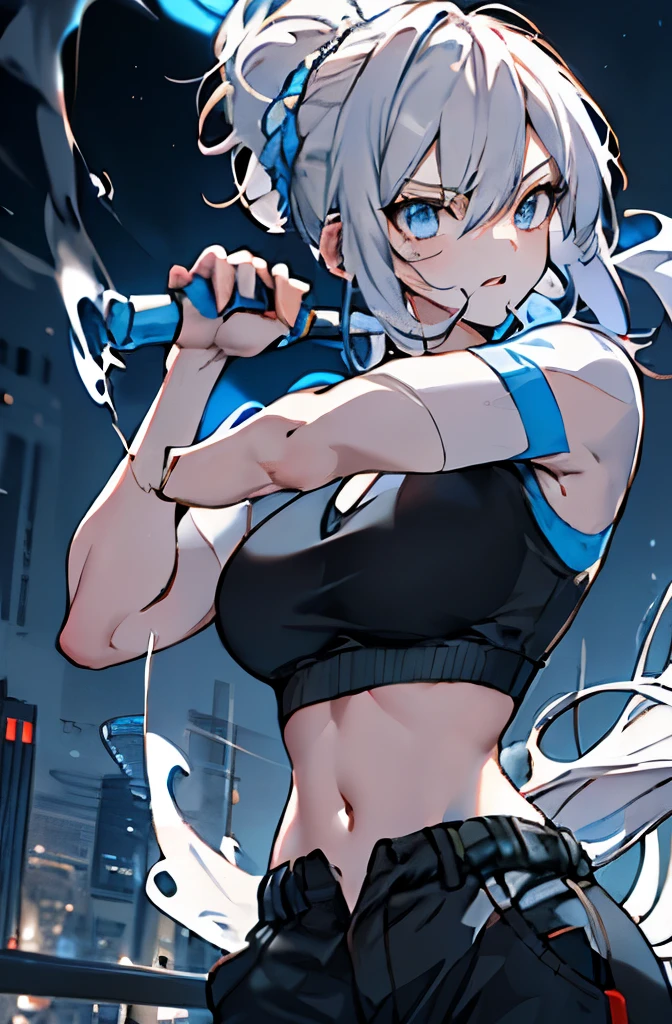 (absurds, great resolution, Hyper detailed), master masterpiece, best quality, beautiful, Fine Eye, Detailed Face, vibrant, Dark lines, swirl, vortex, spark, tomboy, tall, Caucasian, white hair with light blue highlights, huge high ponytail, attitude, baggy black cargo pants, fit, smoke coming off of body, honkai artstyle, hoyoverse, in the middle of a beautiful grey cityscape, slightly chubby, teen, sports bra, aloof, looks with anger and disgust, combat training