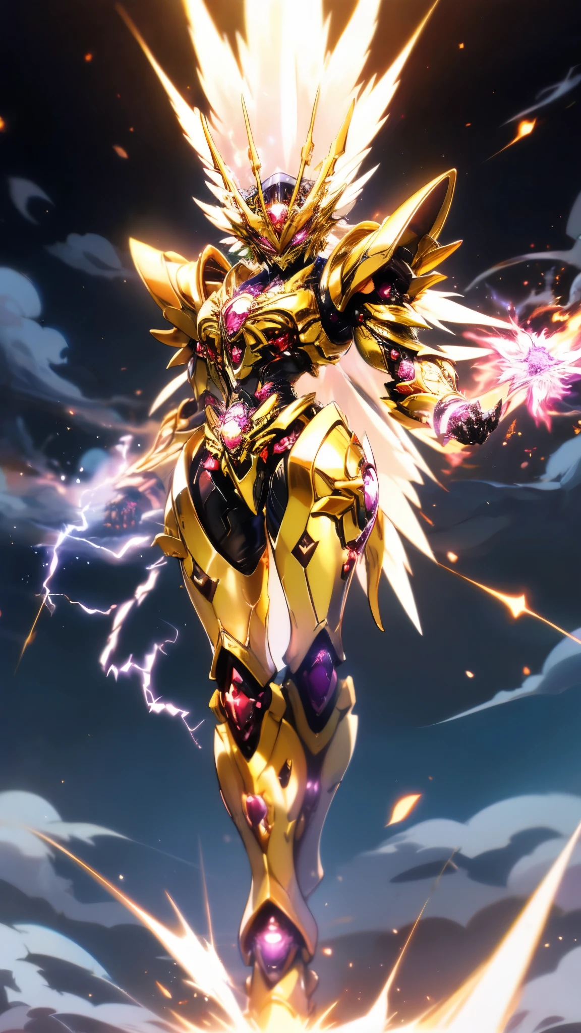 A woman adorned in fantasy-style full-body armor, a crown-concept fully enclosed helmet that unveils only her eyes, a composite layered chest plate, fully encompassing shoulder and hand guards, a lightweight waist armor, form-fitting shin guards, the overall design is heavy-duty yet flexible, ((the armor gleams with a golden glow, complemented by red and blue accents)), exhibiting a noble aura, she floats above a fantasy-surreal high-tech city, this character embodies a finely crafted fantasy-surreal style armored hero in anime style, exquisite and mature manga art style, (Queen bee mixed with Spider concept Armor, plasma, blood), ((Element, energy, elegant, goddess, femminine:1.5)), metallic, high definition, best quality, highres, ultra-detailed, ultra-fine painting, extremely delicate, professional, anatomically correct, symmetrical face, extremely detailed eyes and face, high quality eyes, creativity, RAW photo, UHD, 32k, Natural light, cinematic lighting, masterpiece-anatomy-perfect, masterpiece:1.5
